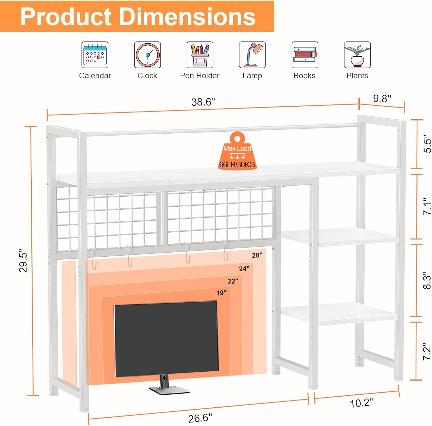 Desktop organizer,38.6inch desktop storage rack,computer monitor organizer white