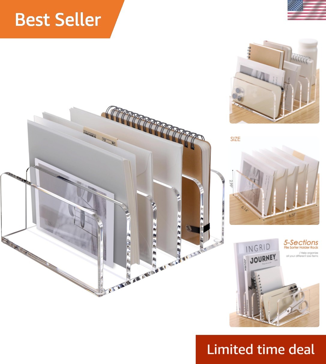 Acrylic Desk Organizer, 5 Compartments Mail Organizer,Small File Holders Lett…