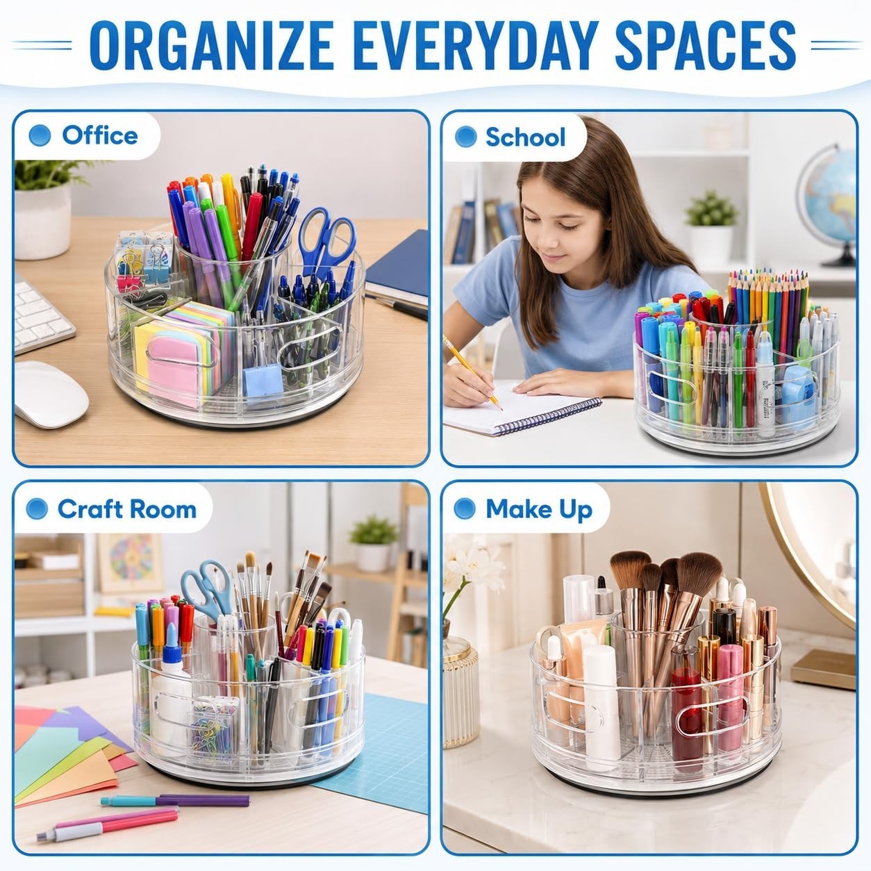 Clear Acrylic Rotating Organizer – 7 Compartment Pen & Art Supply Holder for Des
