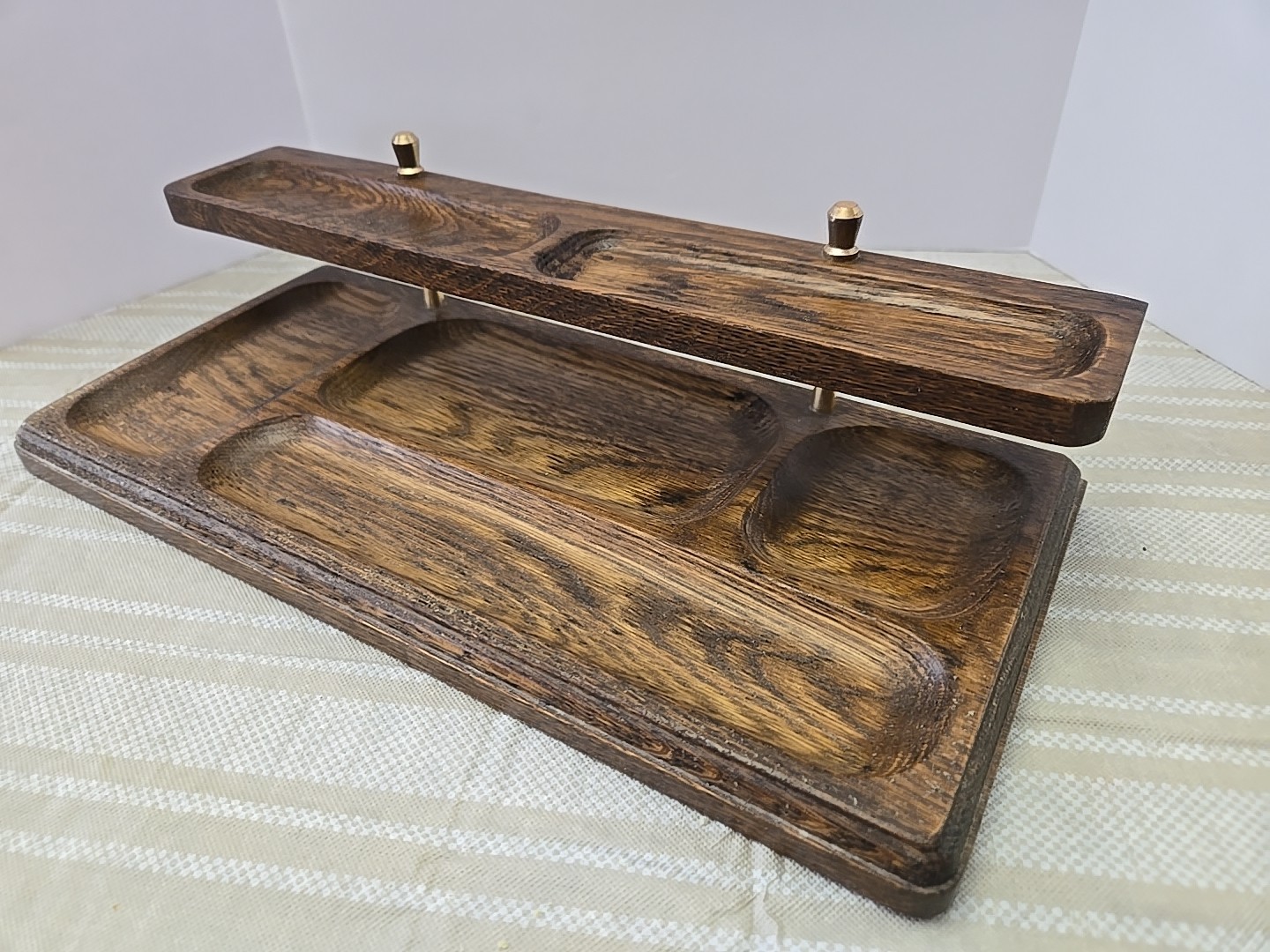 Solid Wood With Brass 2-Tier MCM Desk Organizer Dresser Valet jewelry Tray