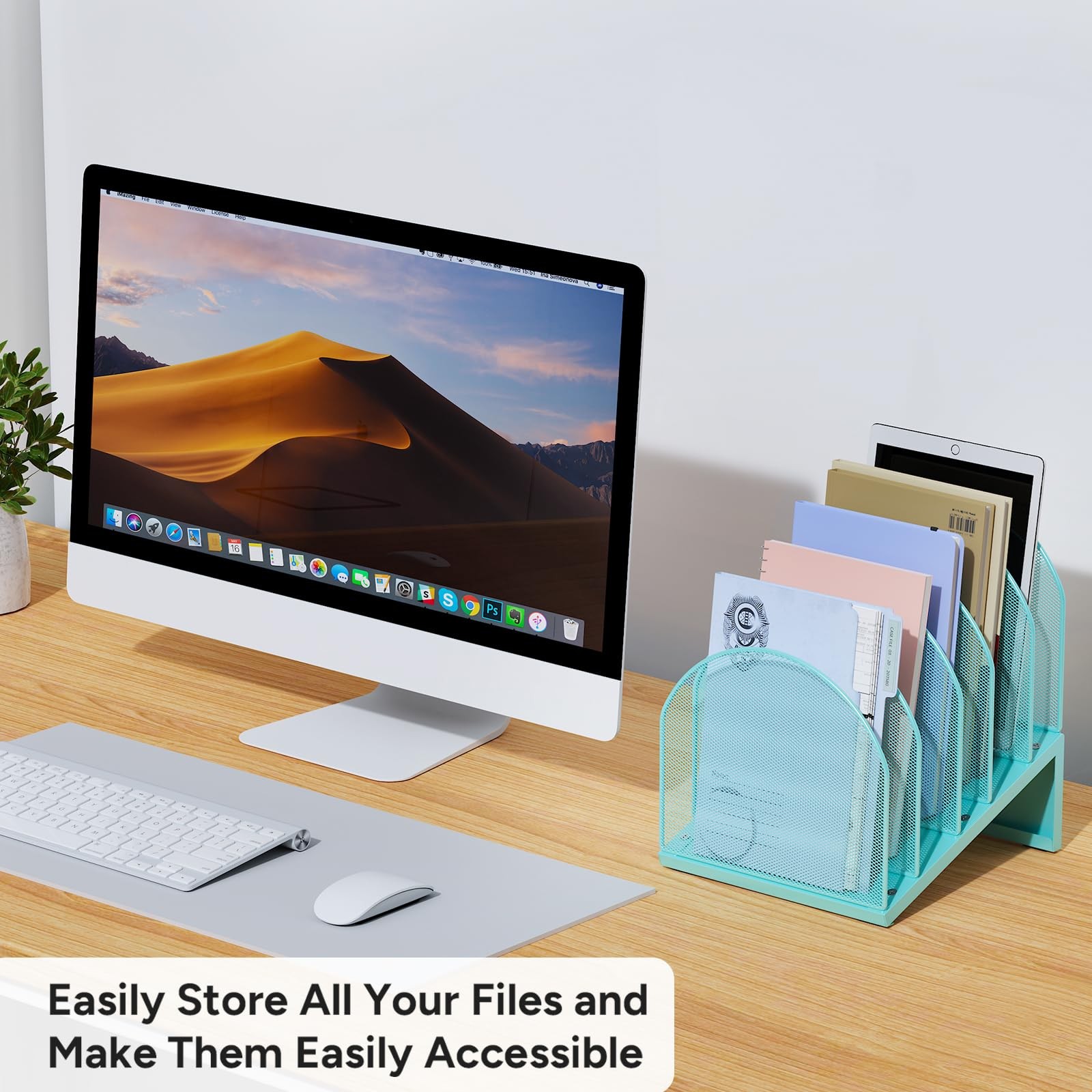 Blue 5Section Desk File Organizer Metal Mesh Folder Document Mail Storage