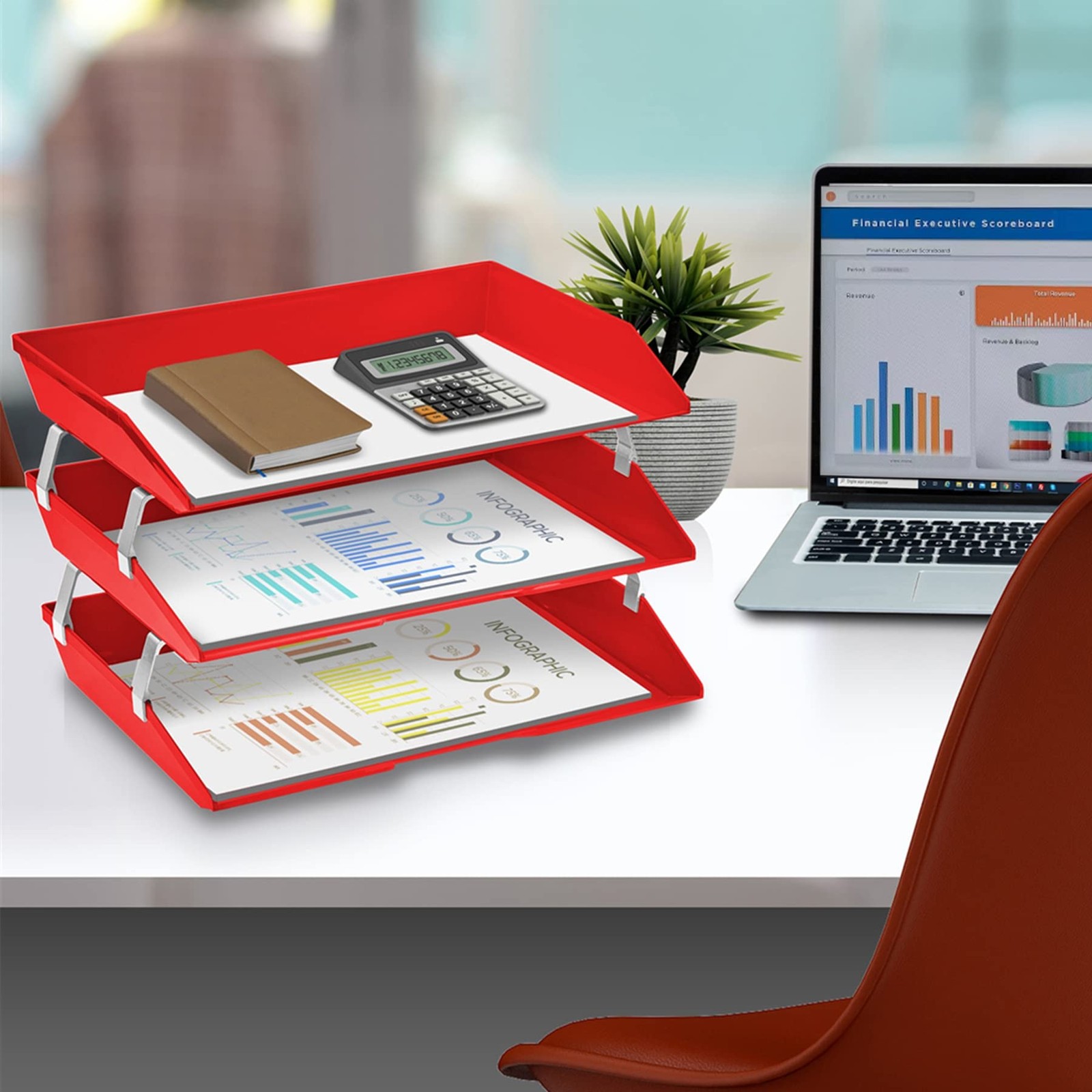 Solid Red Plastic Facility 3Tier Side Load Letter Size A4 Desktop File Organizer