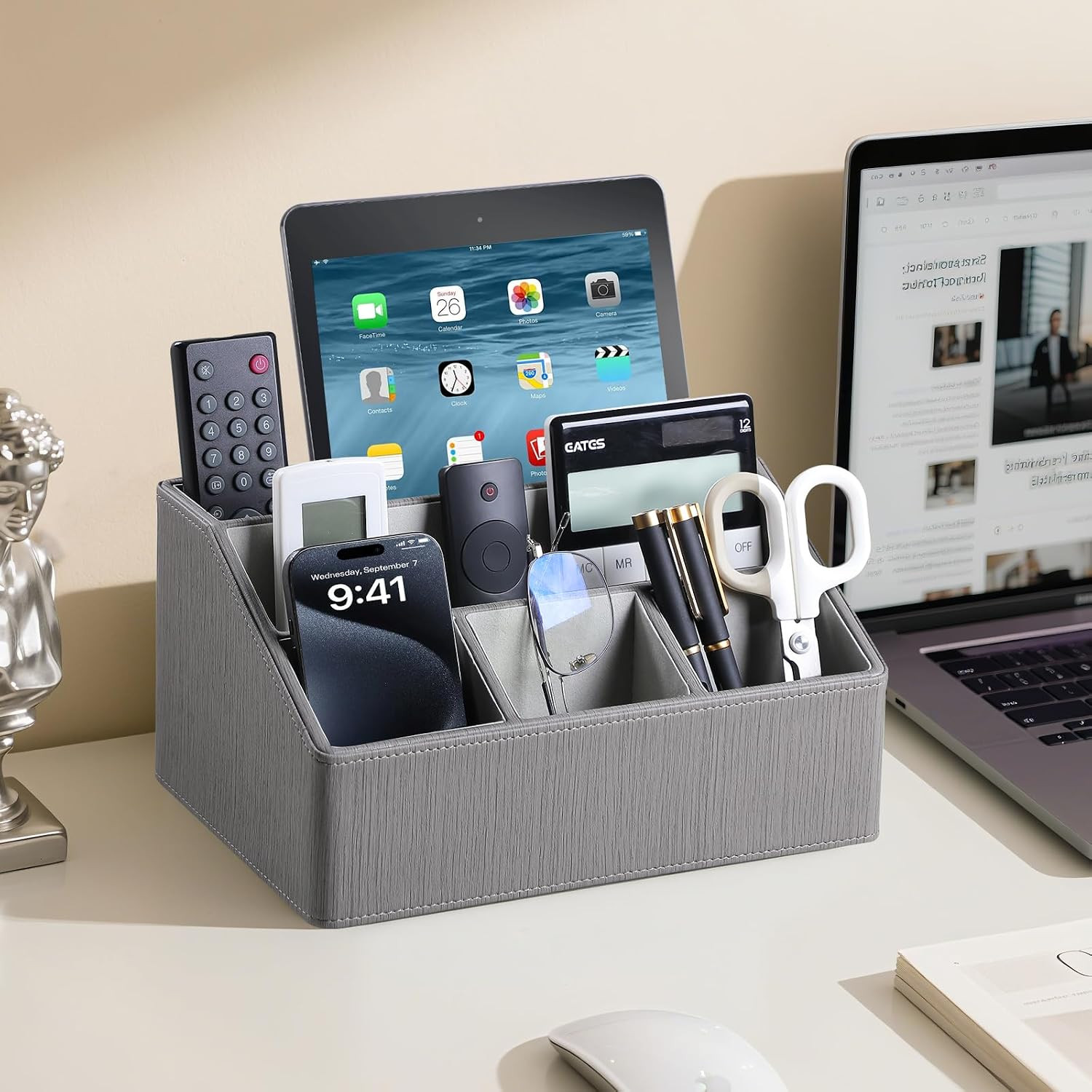 Luxury PU Leather Desk Organizer & Remote Holder – Grey Caddy for Home & Office