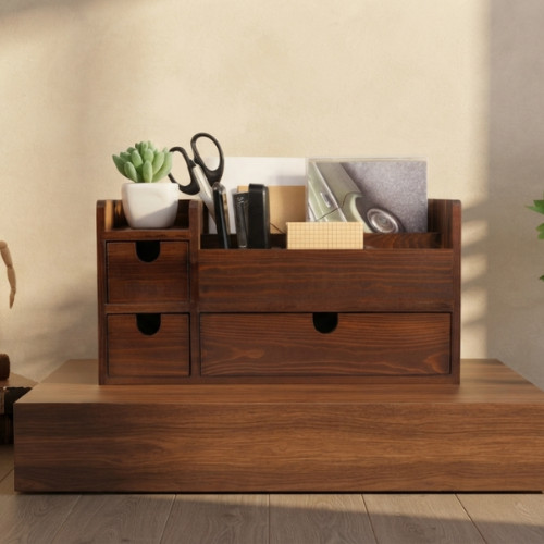 Handmade Rustic Brown Wooden Desktop Organizer with Drawers