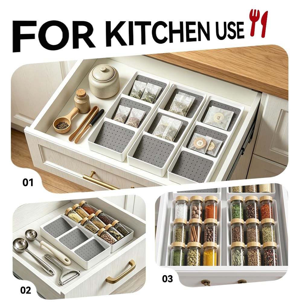 ideamake Spice Drawer Organizer,8 Pack,3 Tier Non-Slip Silicone 8 Pack, White