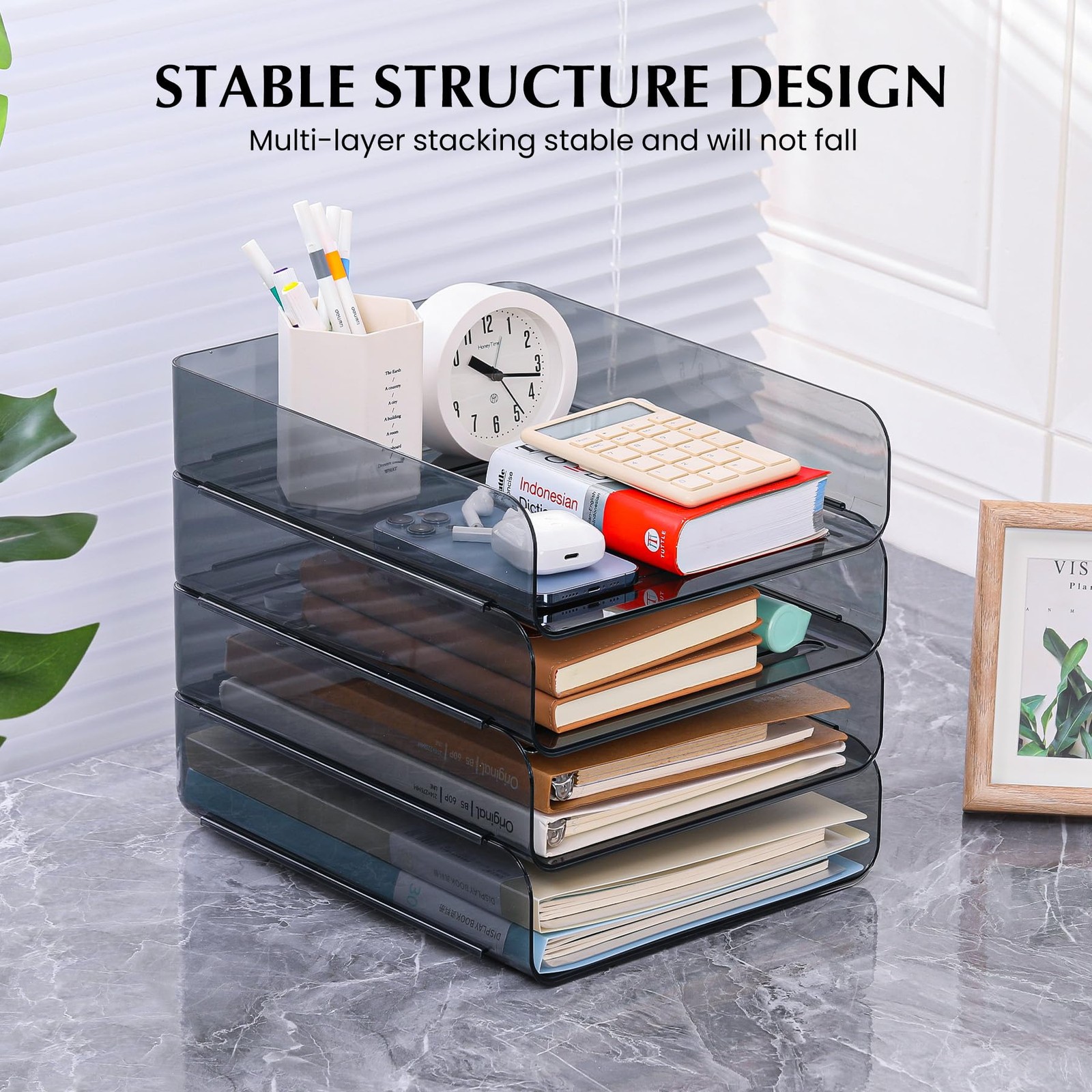 2 PCS Stackable Paper Tray Organizer Clear File Desk Storage Accessories Black