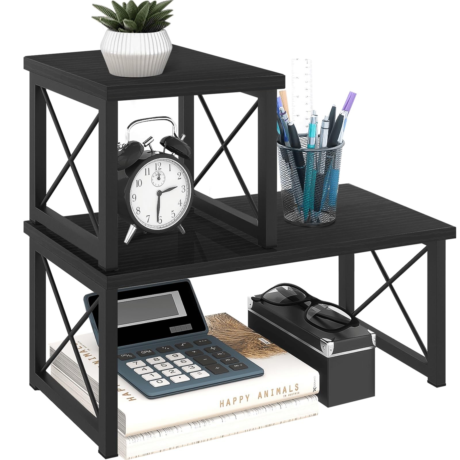 ELITEROO Wood Desktop Shelf, Freestanding Small Bookshelf 15.7 inches, Black