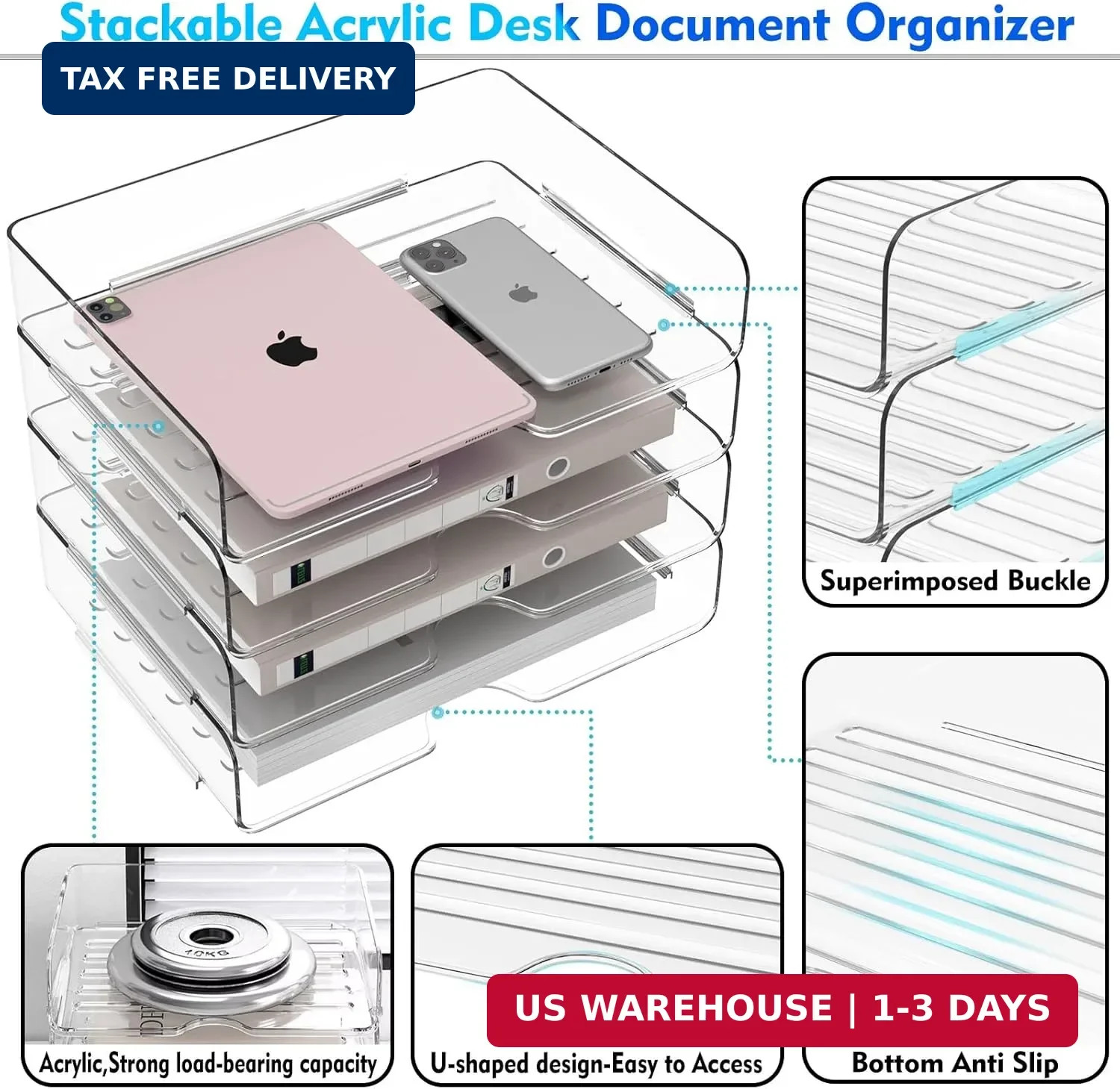 Paper Organizer Letter Tray, 4 Pack Acrylic Stackable Desk File Organizer,Versat