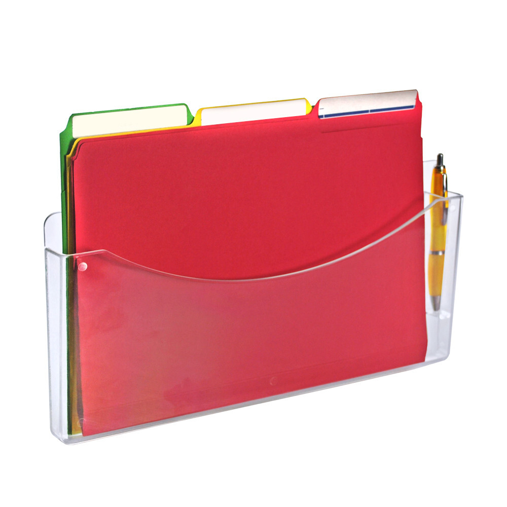Azar Displays Clear Plastic Wall Mount File Holder with Pen Pocket, 2-Pack