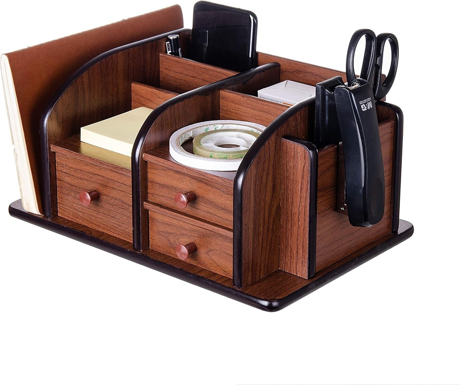 Liry Products Brown Wooden Desk Organizer Multiple Compartments 3 Drawers Slots