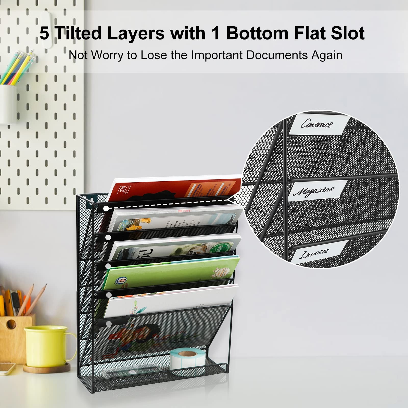 EasyPAG 5 Tier Wall File Holder, Mesh Hanging 12.75 x 4.1 x 16 inch, Black