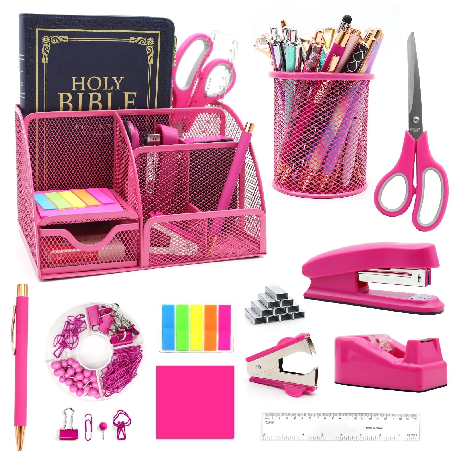 12-in-1 Hot Pink Desk Organizer Set – Office Supplies, Gifts for Women, Accessor