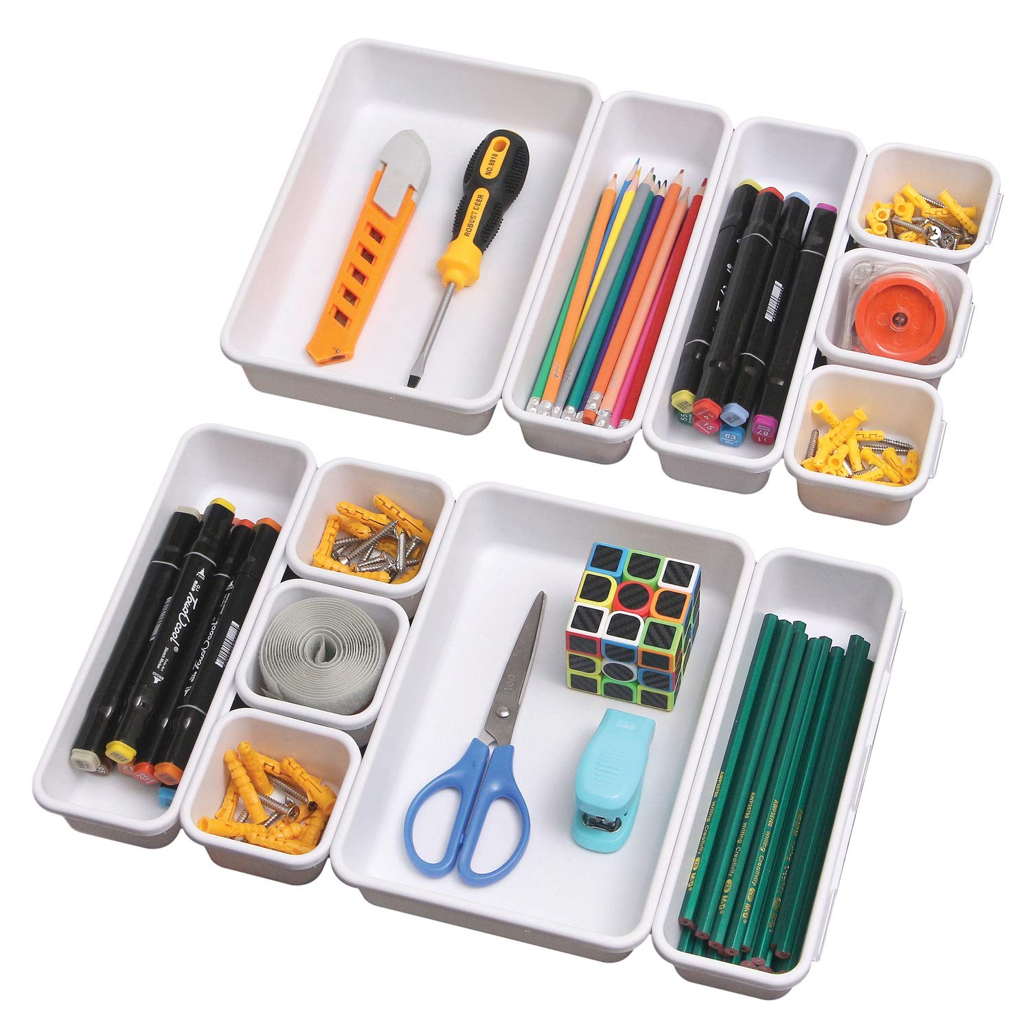 Set of 12 Interlocking Desk Drawer Organizer Tray Dividers Plastic White