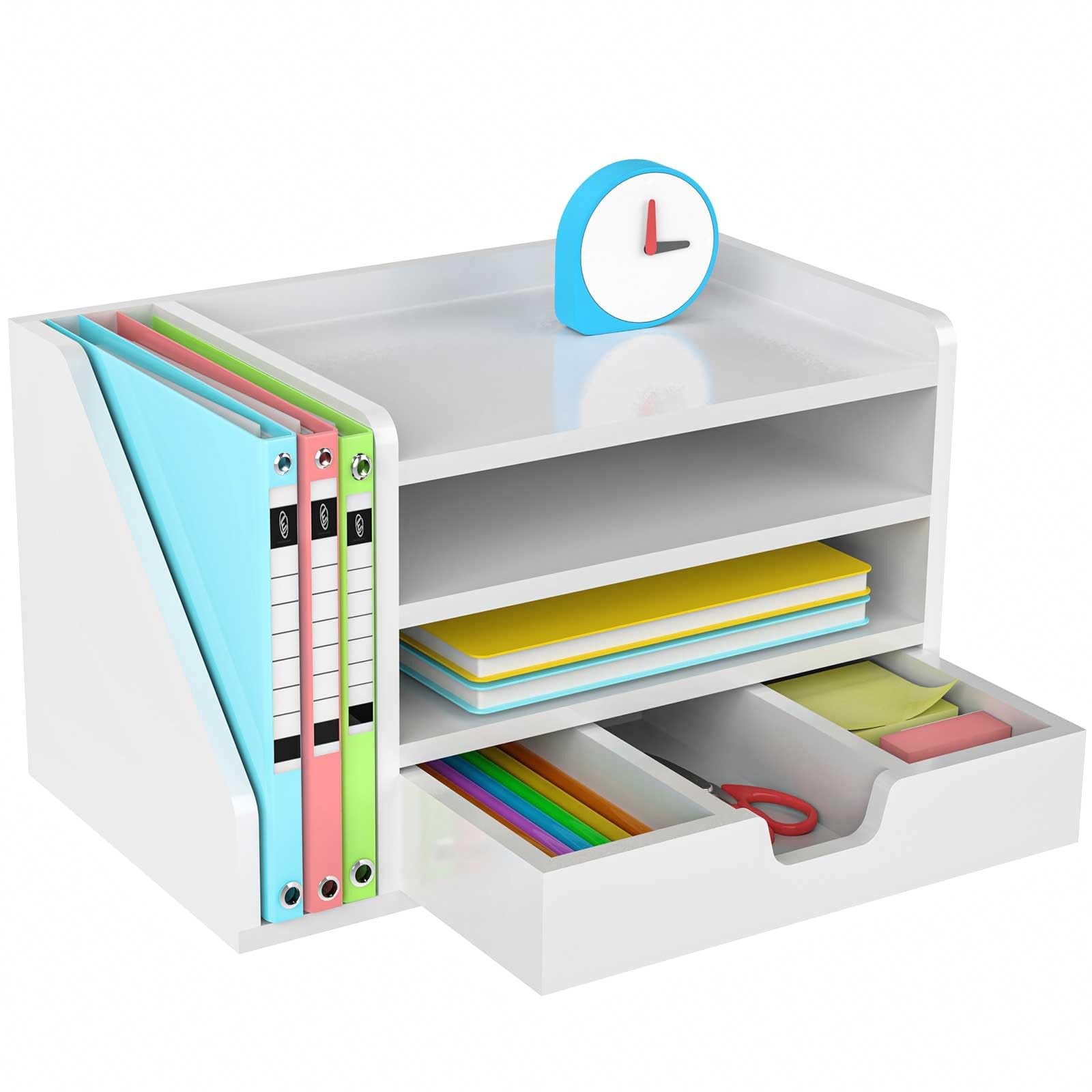 NiOffice Multi-Tier Wood Desk File Organizer with 16.7″ x 9.8″ x 10.1″, White