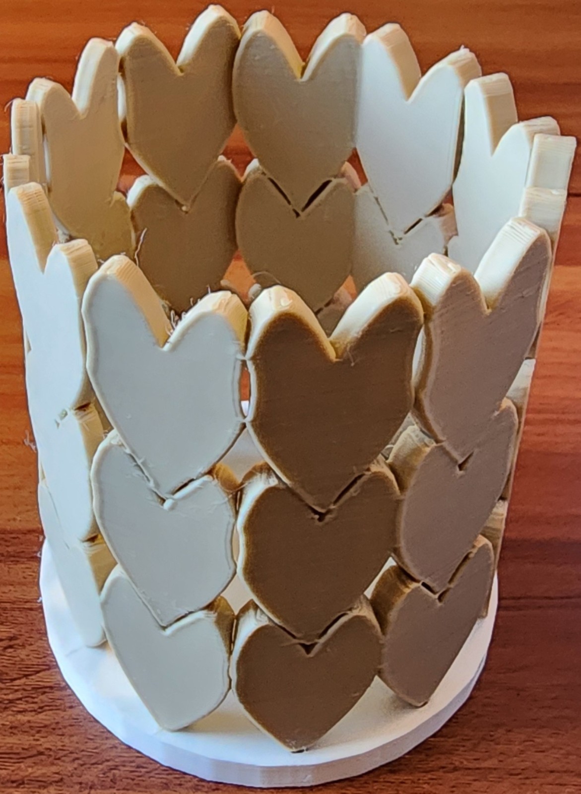 3D Printed Hearts Pen Holder. White and Tan. 3.5″ Tall x 3″ Wide.
