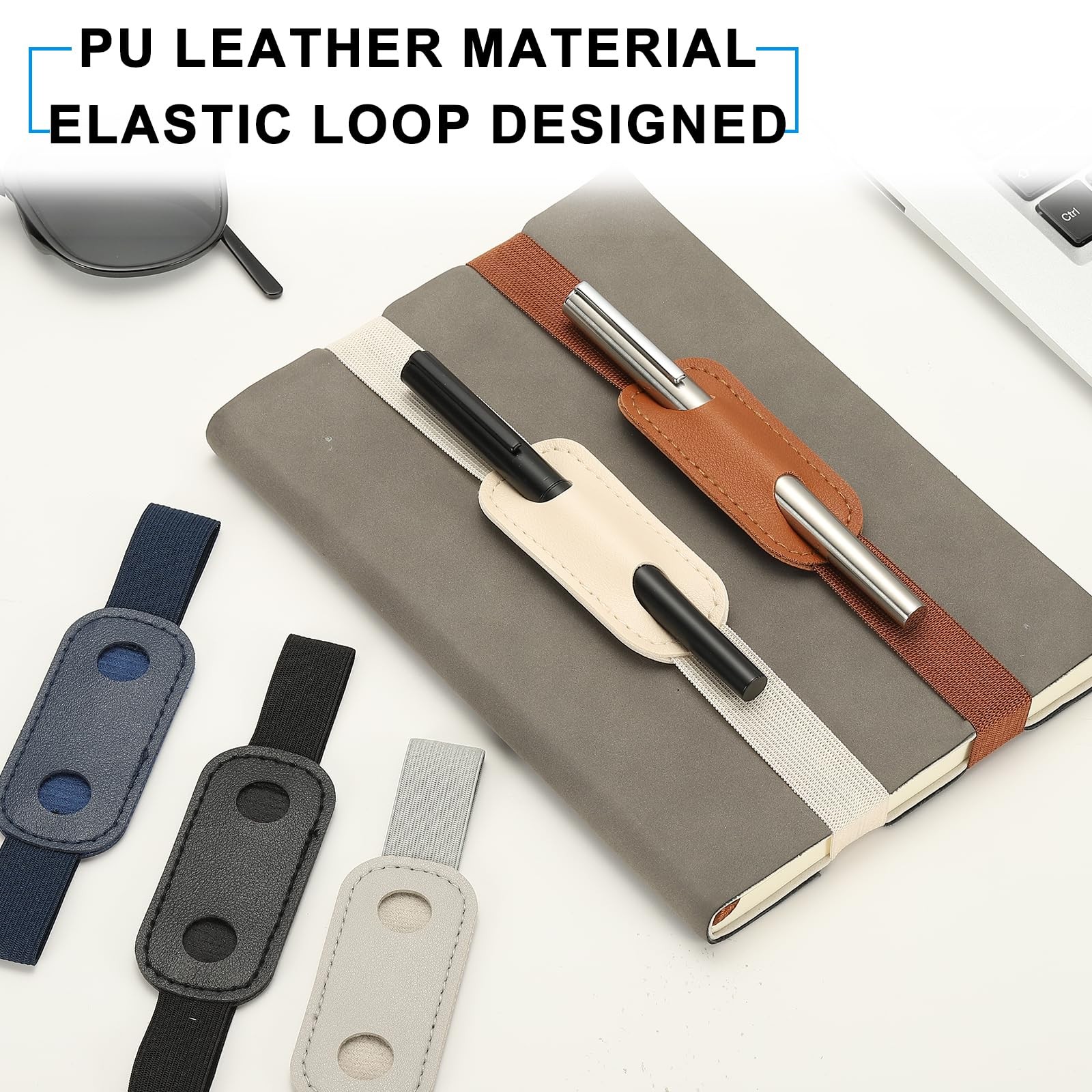 2 Pcs Adjustable Pen Loop Holder for Notebook, PU Leather Pen Holder Pencil S…
