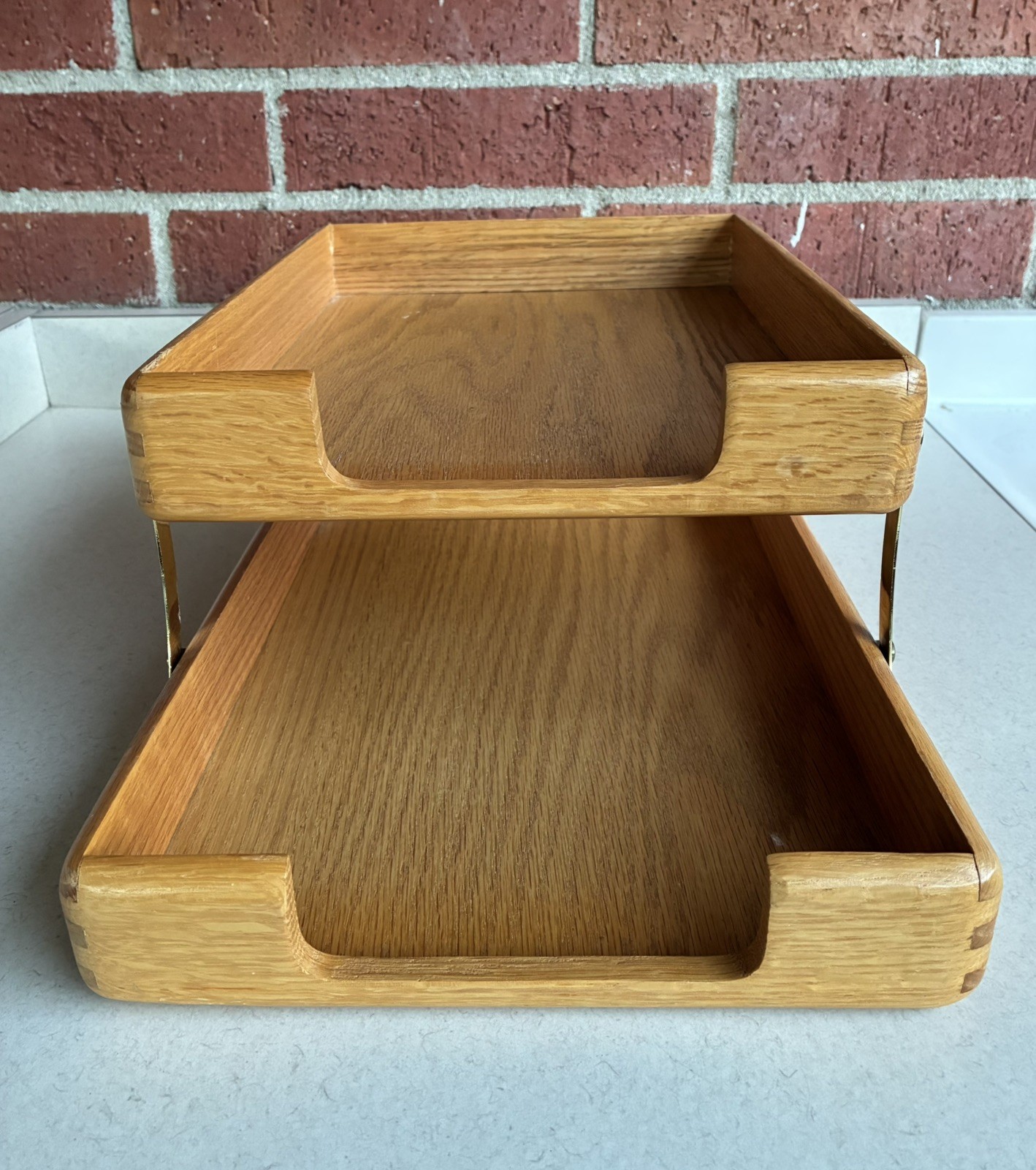 VTG 2 Tier Wood Brass Desk Document Organizer Letter Tray In/Out Box Dovetails