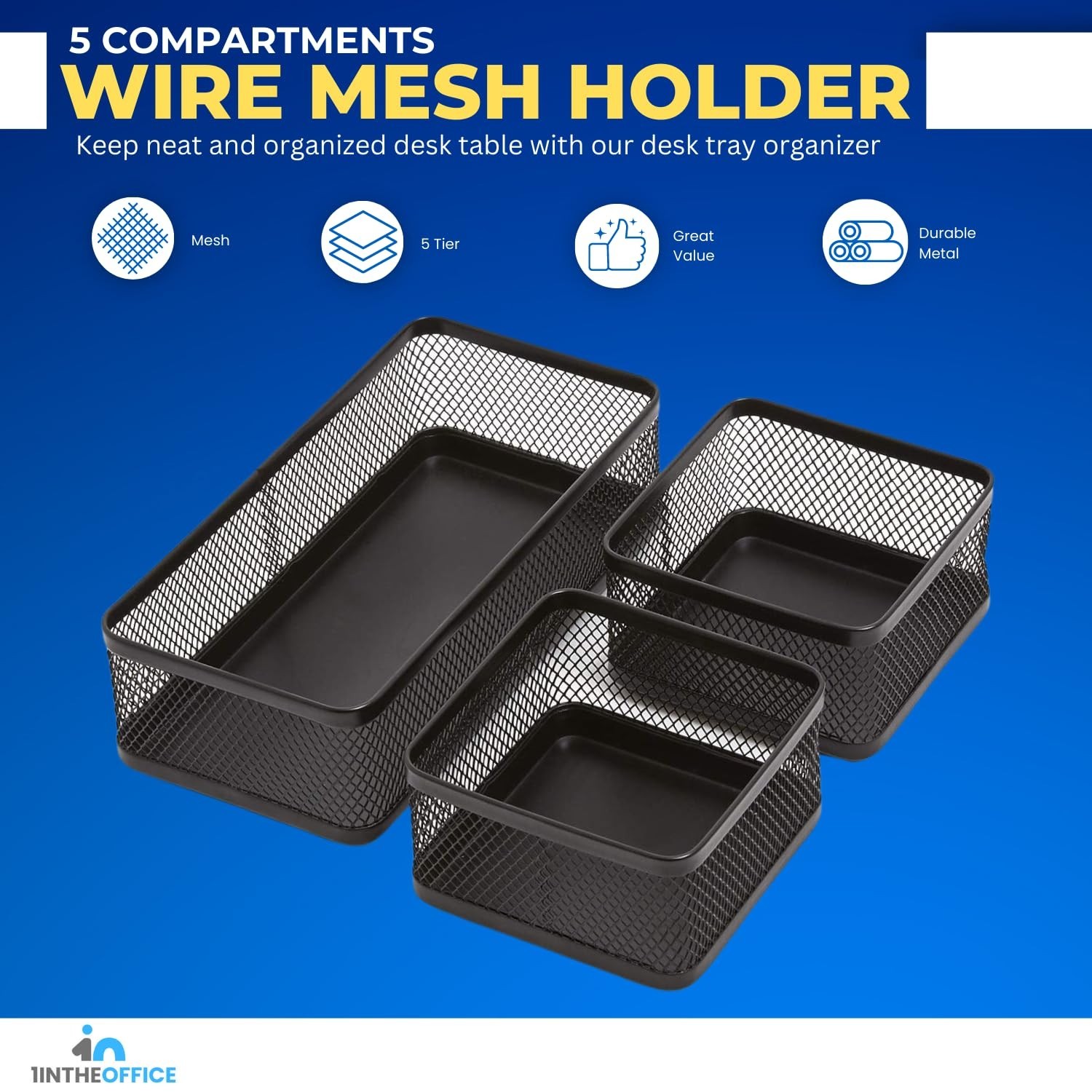 Stackable Mesh Desk Drawer Organizer Tray – 3 Compartment, Matte Black Storage S