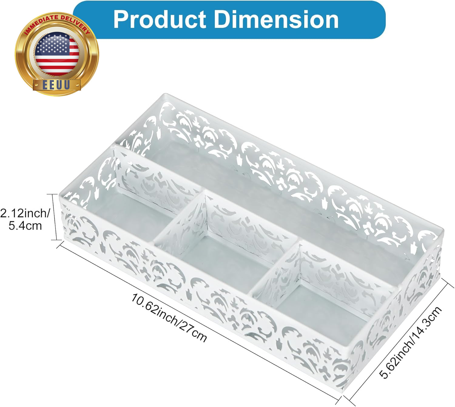Desk Drawer Organizer with 4 Compartments, Carved Hollow Floral Metal Tray for O