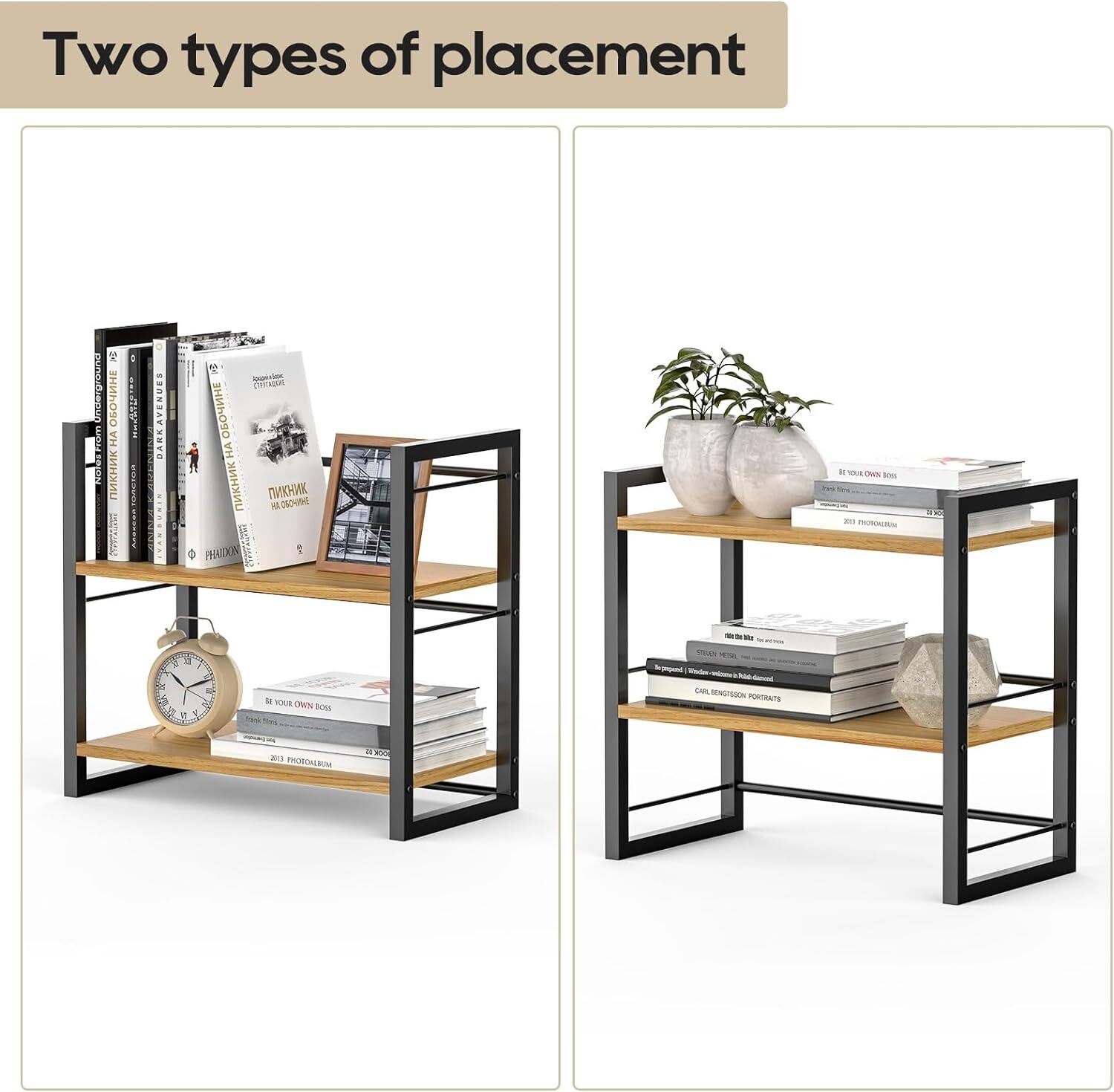 Office Desk Shelf Organizer, Wood Desktop Bookshelf Supplies Storage Black