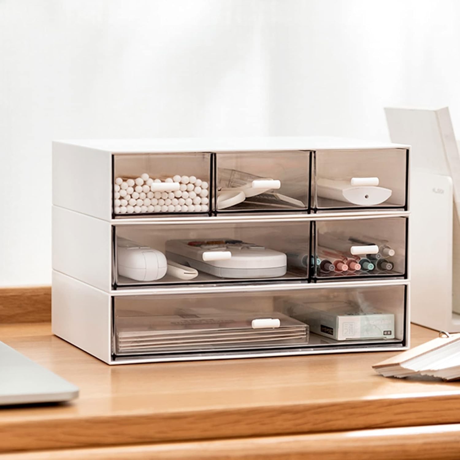 3 Tier Stackable Desk Organizer Drawers White 6 Compartment Makeup Storage Box