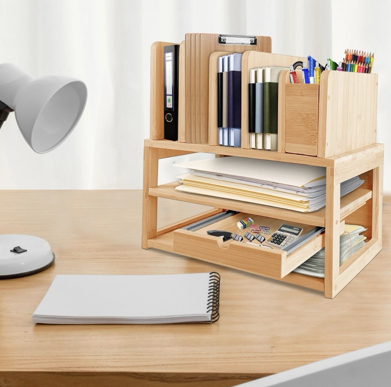 Bamboo Desk Organizer w/ Drawer & Document Holder – Wooden Desktop Storage