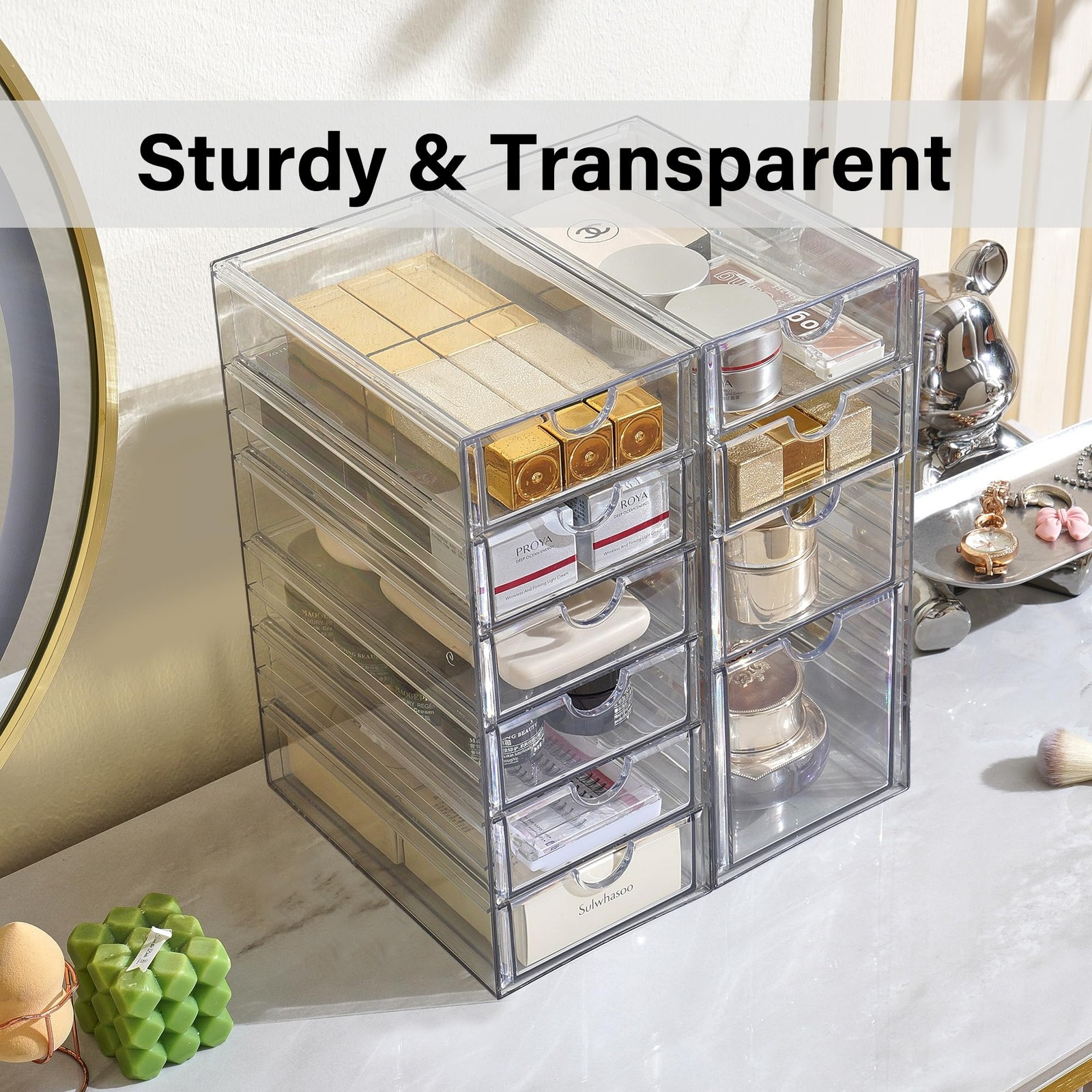 Prsildan Acrylic Drawer Makeup Organizer with 10 Drawers, Set of Transparent