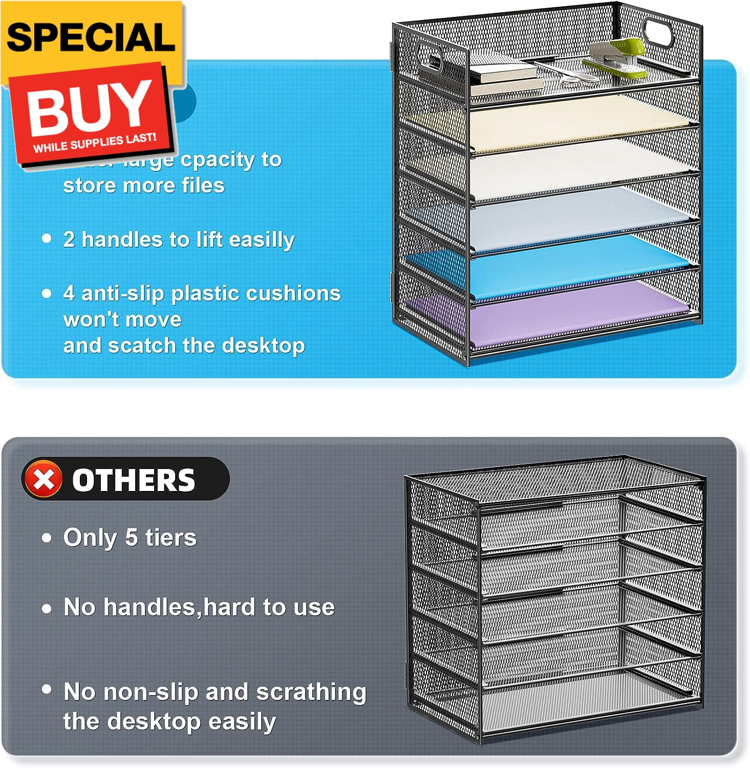 6 Tier Paper Organizer Letter Tray – Mesh Desk File Organizer with Handle, Paper