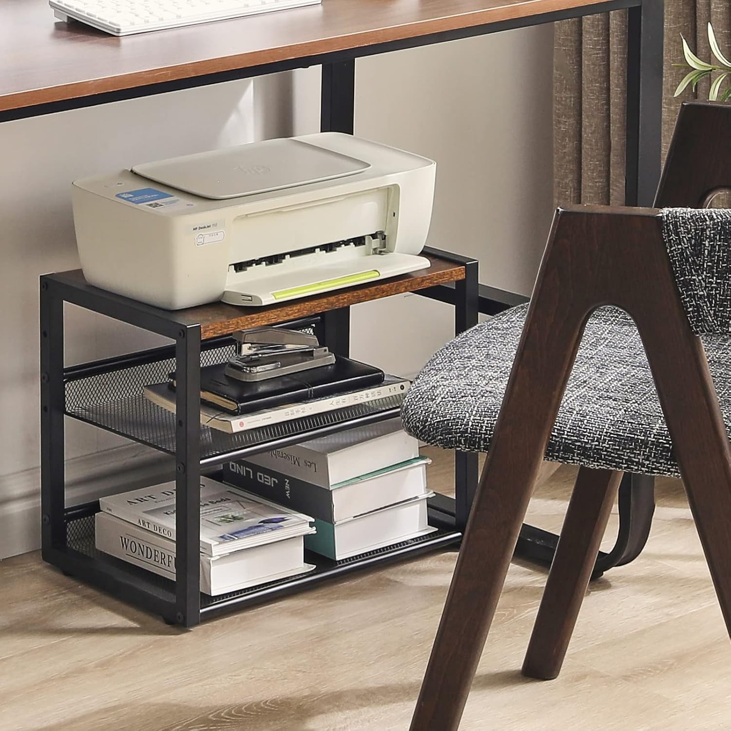 YMYNY Desktop Printer Stand, 3 Tiers Desk Organizer with Rustic Brown