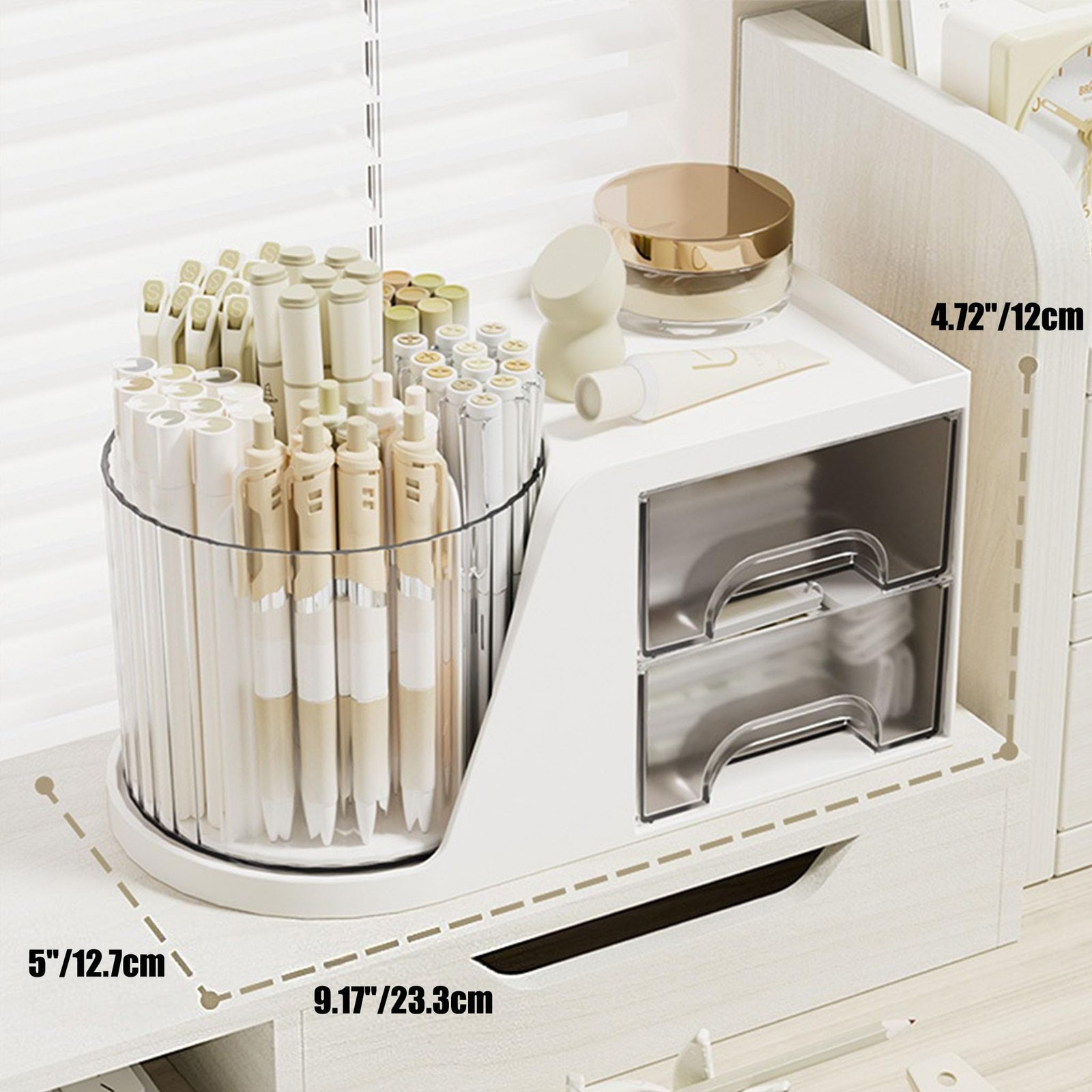 Aitoubil Desk Organizer with 2 Drawer,360 Degree Rotating Pen Holder Cream