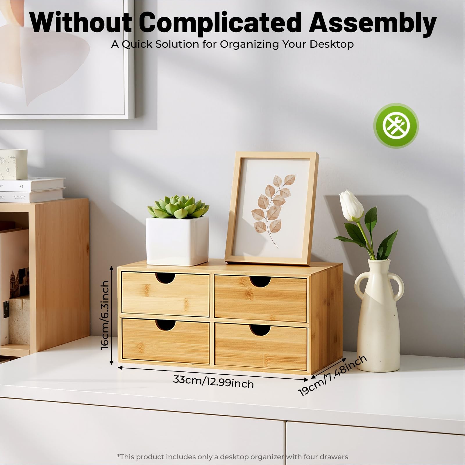 Gdrasuya10 Bamboo Desk Organizer, Drawer Tabletop 4 Drawer, Raw Wood Color