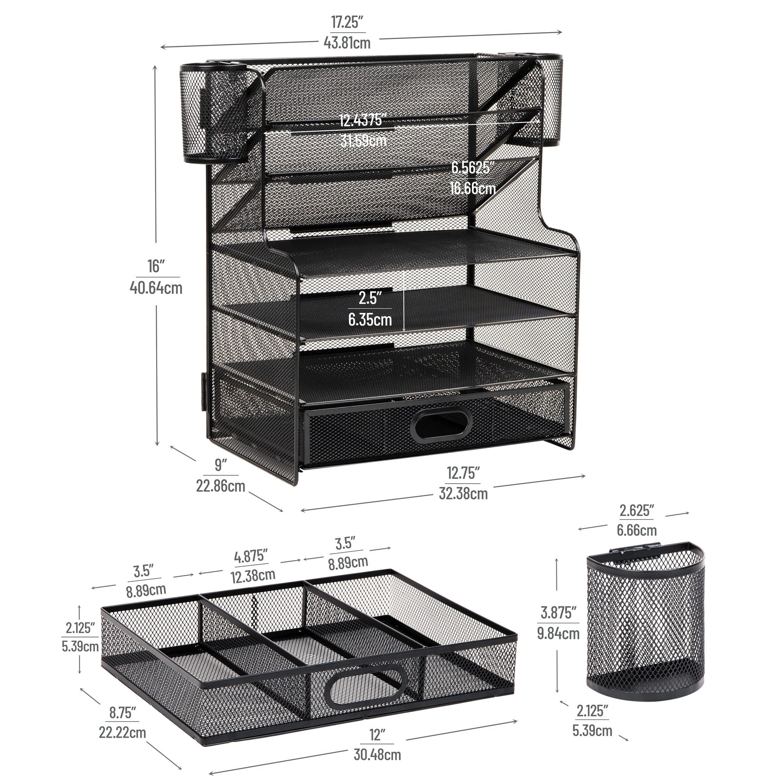 Mind Reader Mesh Desk Organizer 6 Compartments 1 Drawer 2 Pen Cups Office