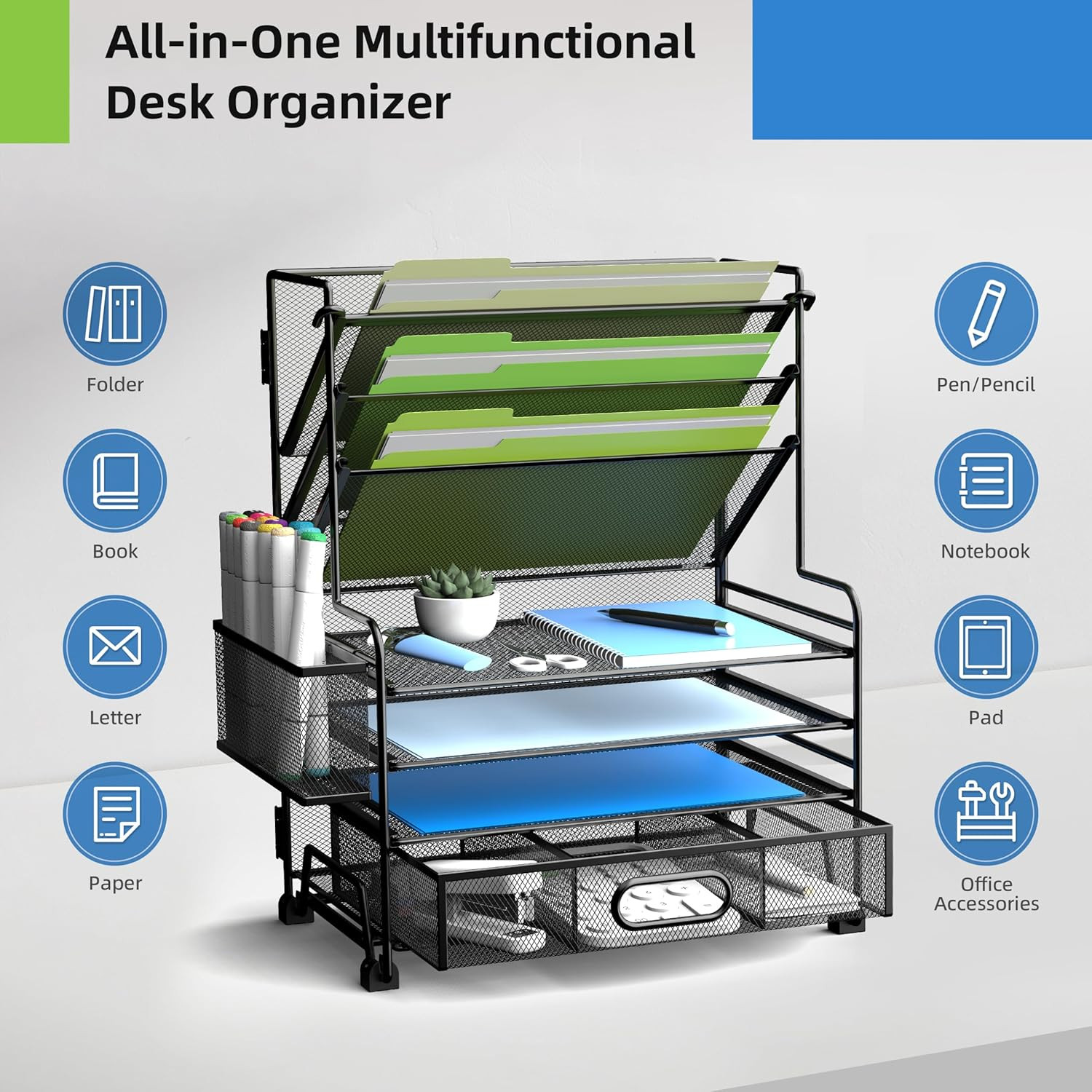 MINDEPOT 4-Tier Paper Organizer + 3-Pocket File Holder + Drawer + Pen Holders, D