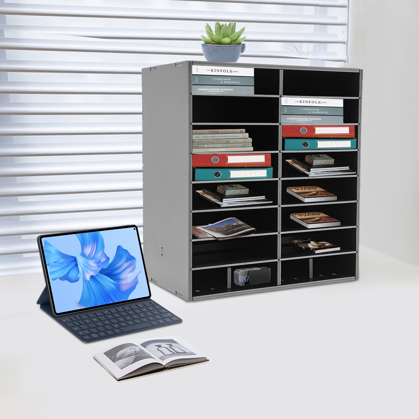 16-Slot Freestanding File Storage Holder Black PVC 50.5 × 30 × 56.7cm