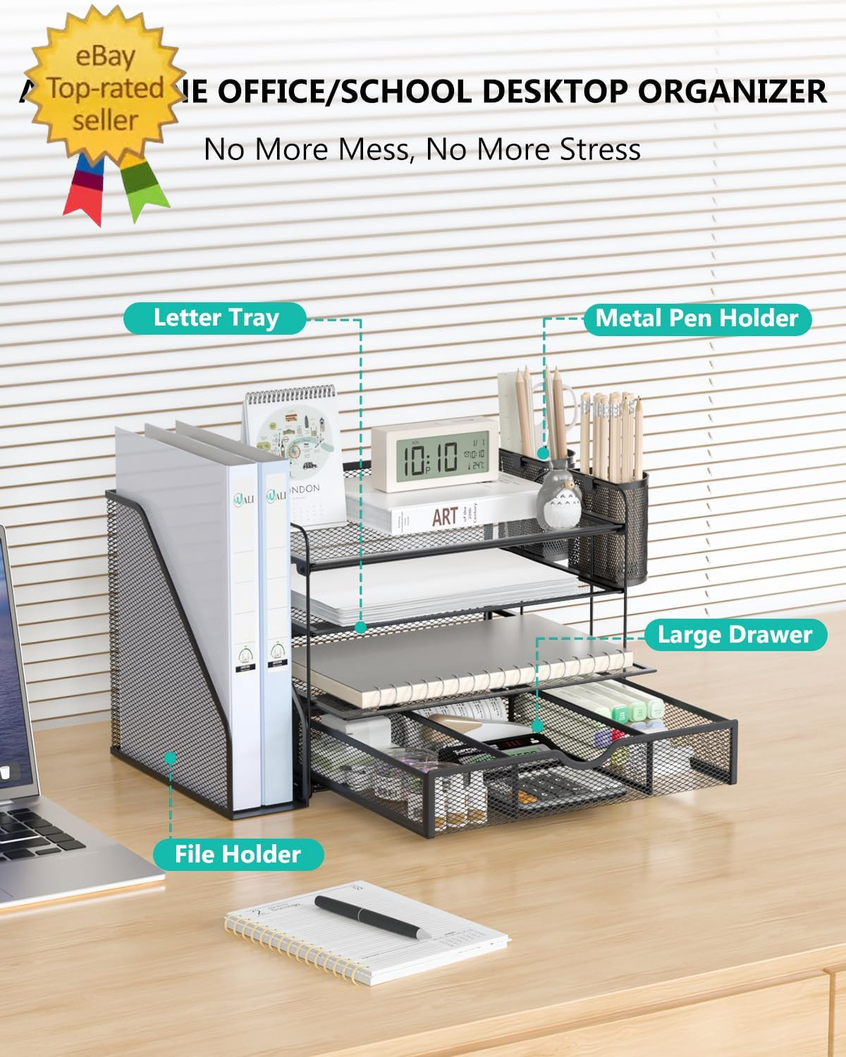 Desk File Organizer, 4 Tier Desktop Paper Letter Tray Organizer with Drawer and
