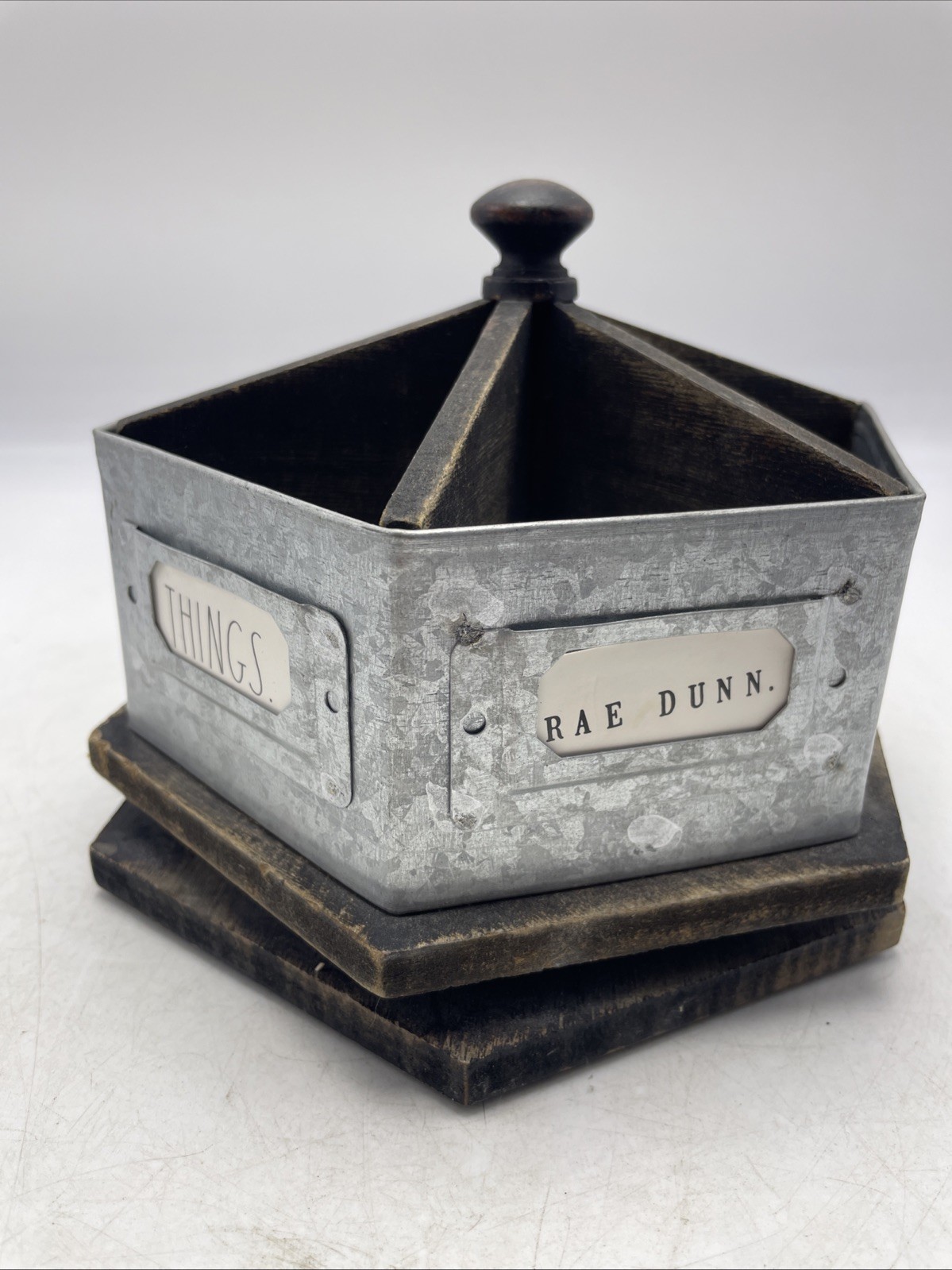 Rae Dunn Galvanized Steel & Wood Metal Rotating Spinning Rustic Desk OrganizerU