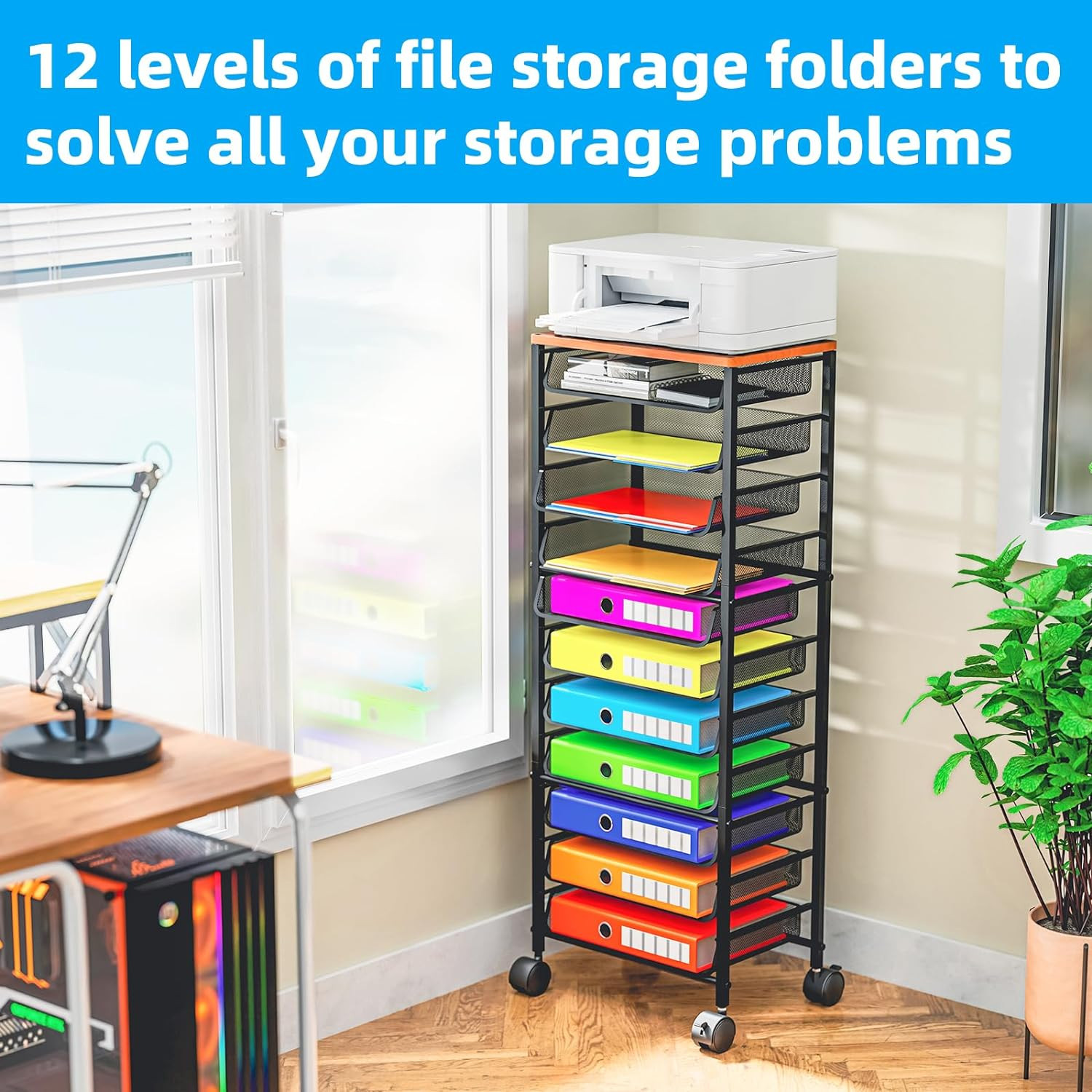 12-Tier Rolling File Cart, Desk File Organizer with 11 Mesh Sliding Trays, Lette