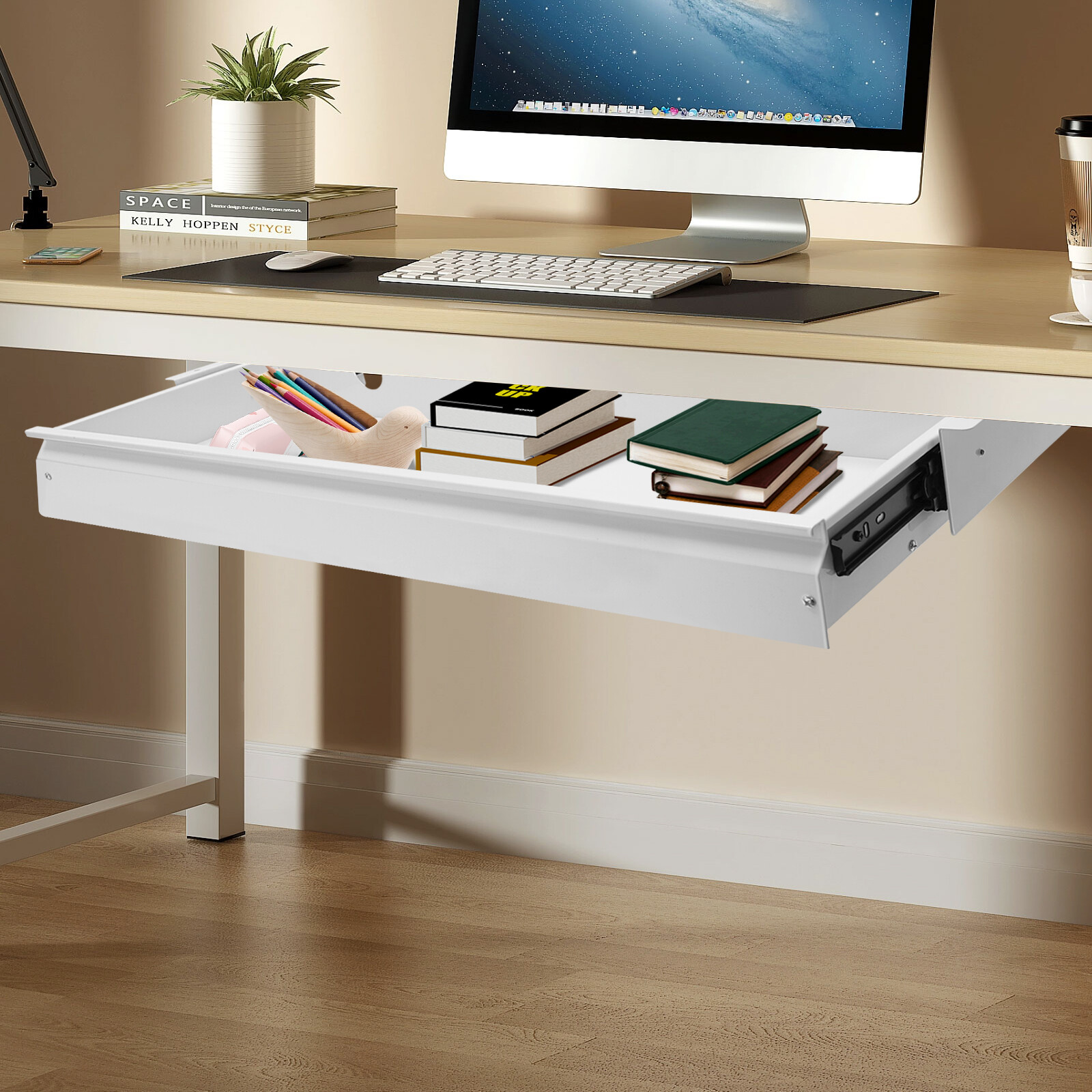 Under Desk Sliding Pull-Out Drawer White 33.3 × 9.2 In Mount For Sit-Stand Desk