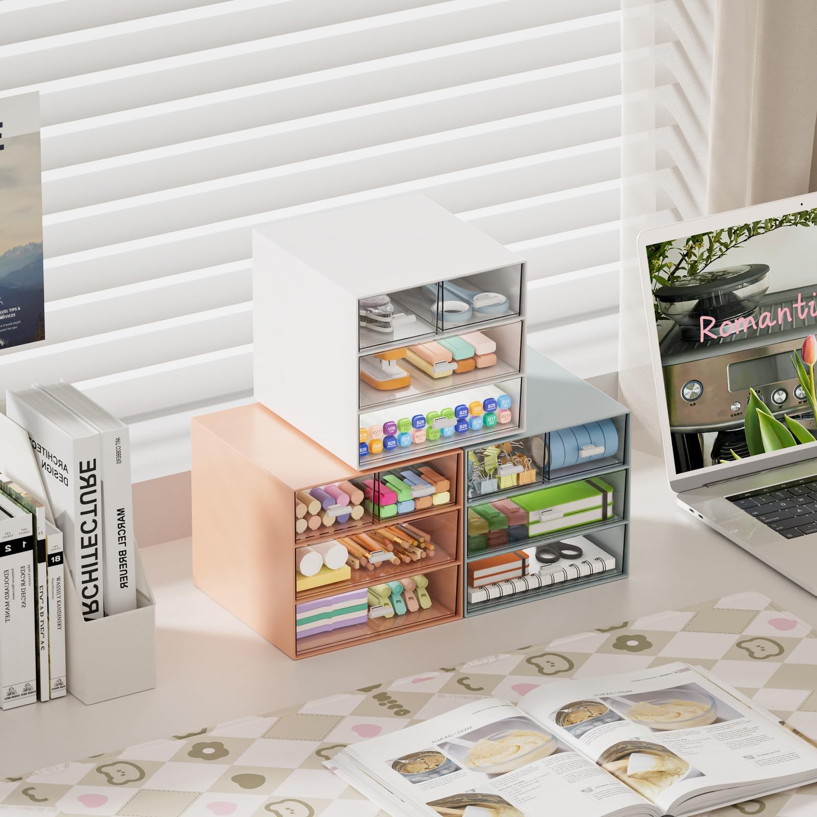 Desk Organizer with 4 Drawers，Office Organization, Clear Plastic Desk Organiz…