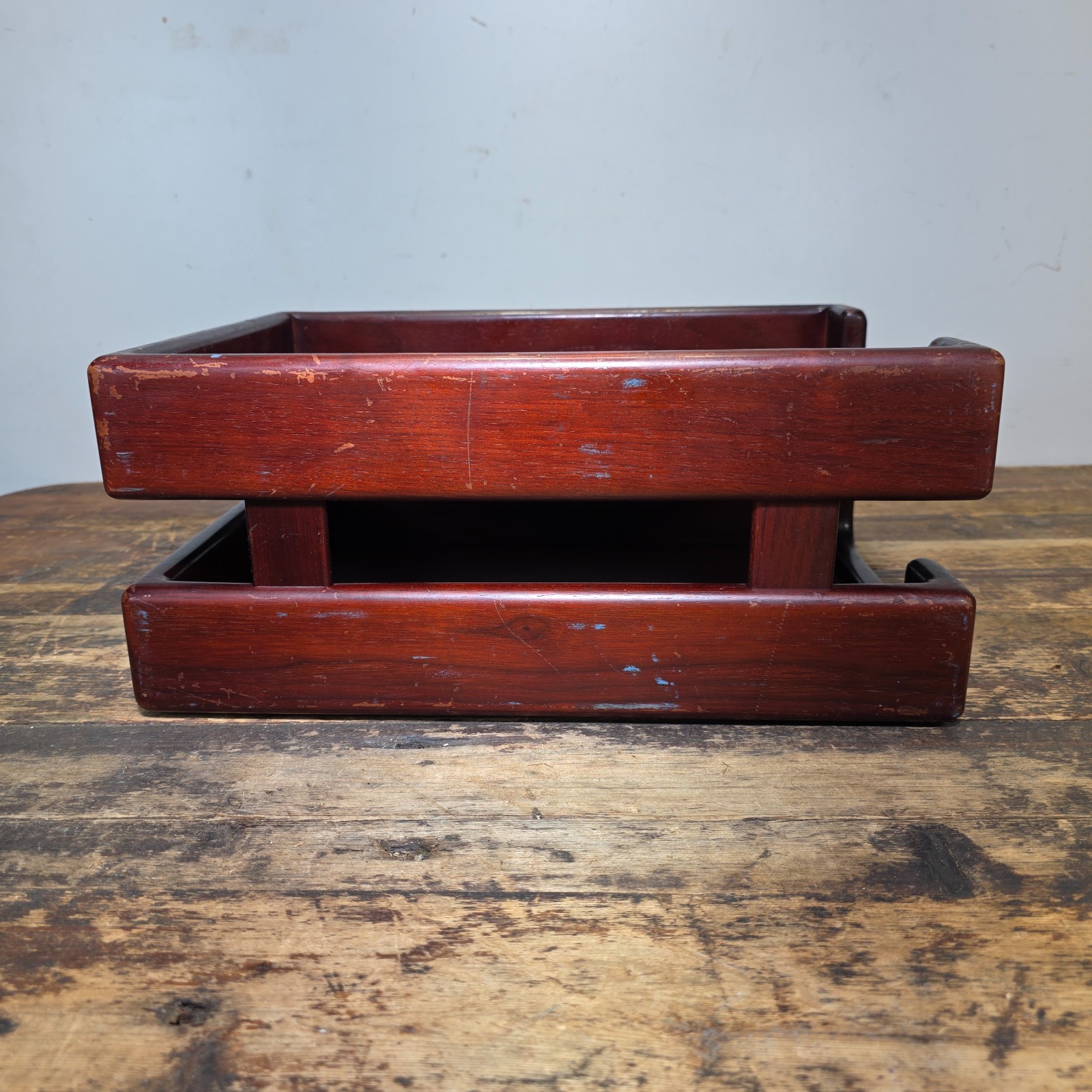 Vintage Wood 2 Tier Letter Tray Desk Organizer Mid Century Modern Rustic Style