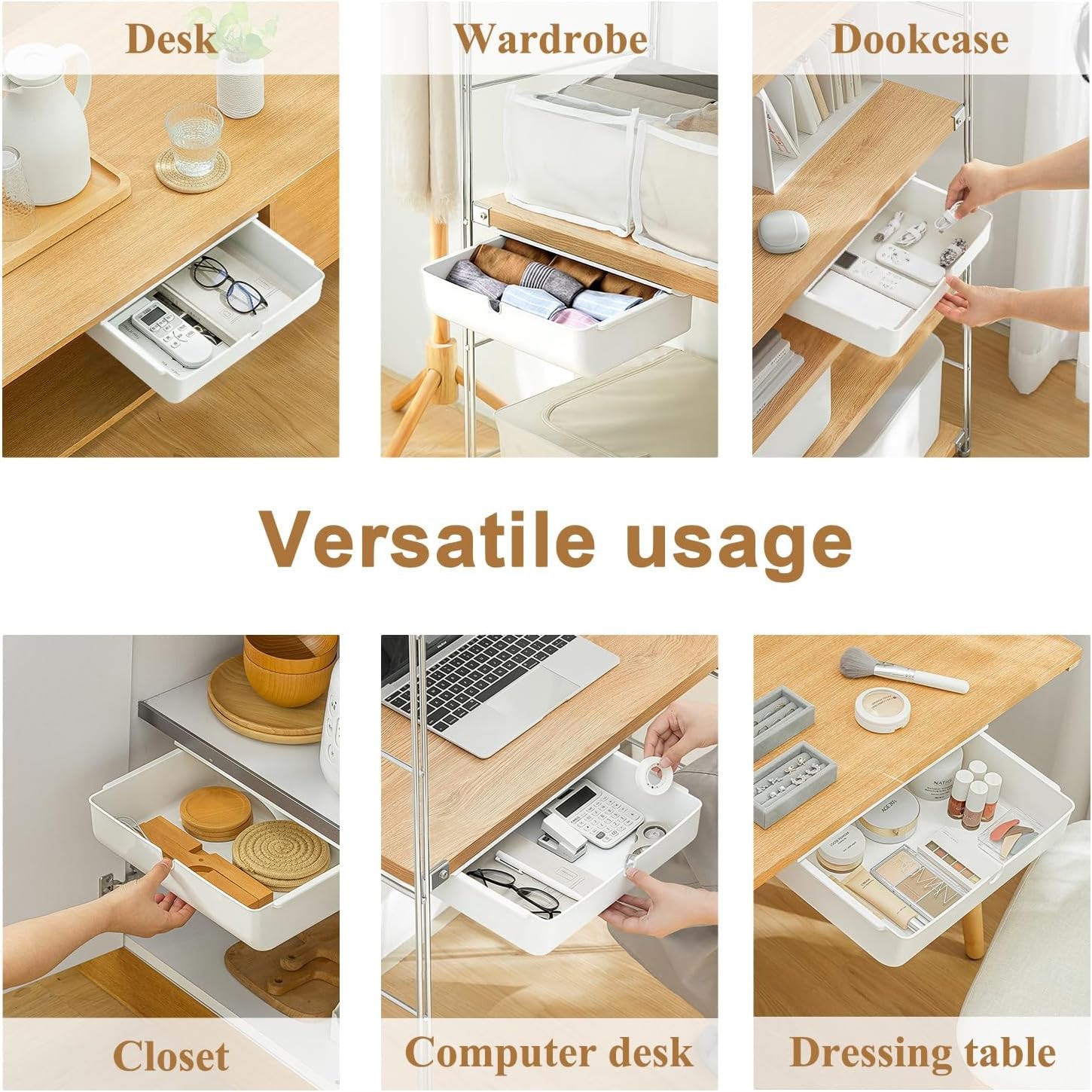 Large Under Desk Drawer Slide Out Organizer Self-Adhesive Hidden Under Table