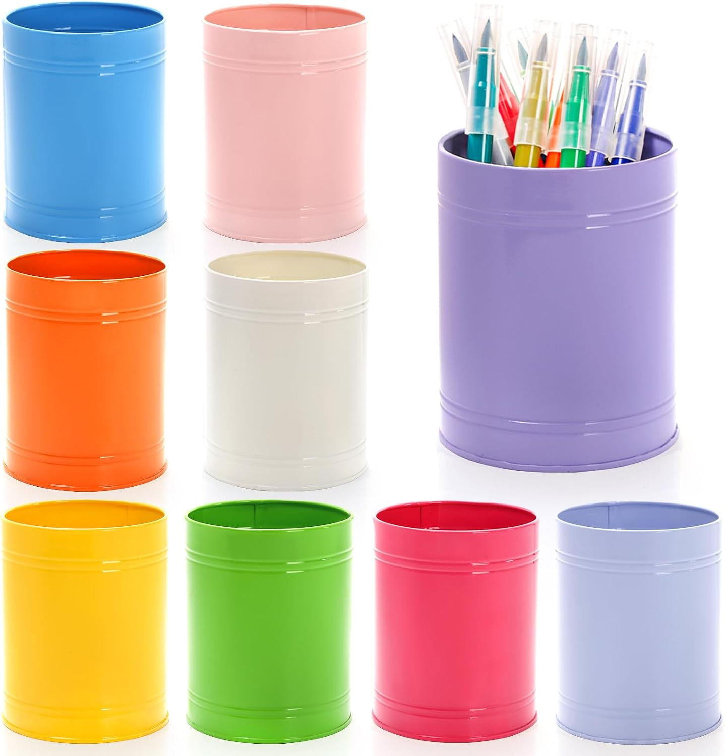 9 Pack Metal Pen Holders for Desk, Colorful Bulk round Pencil Cup Caddy, Desktop