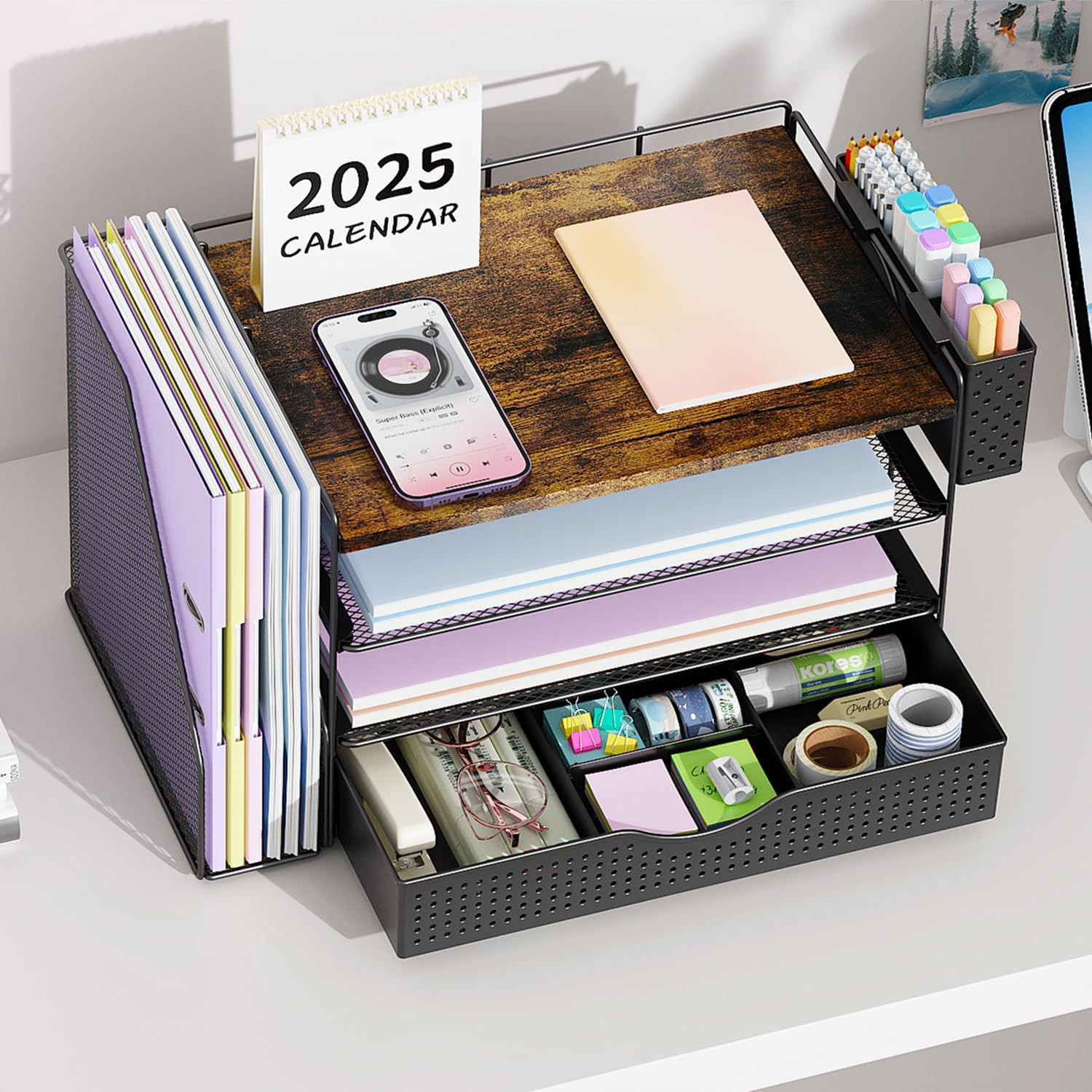 Wood Desk Organizers and Accessories with File Holder, 4-Tier Desk Accessories &