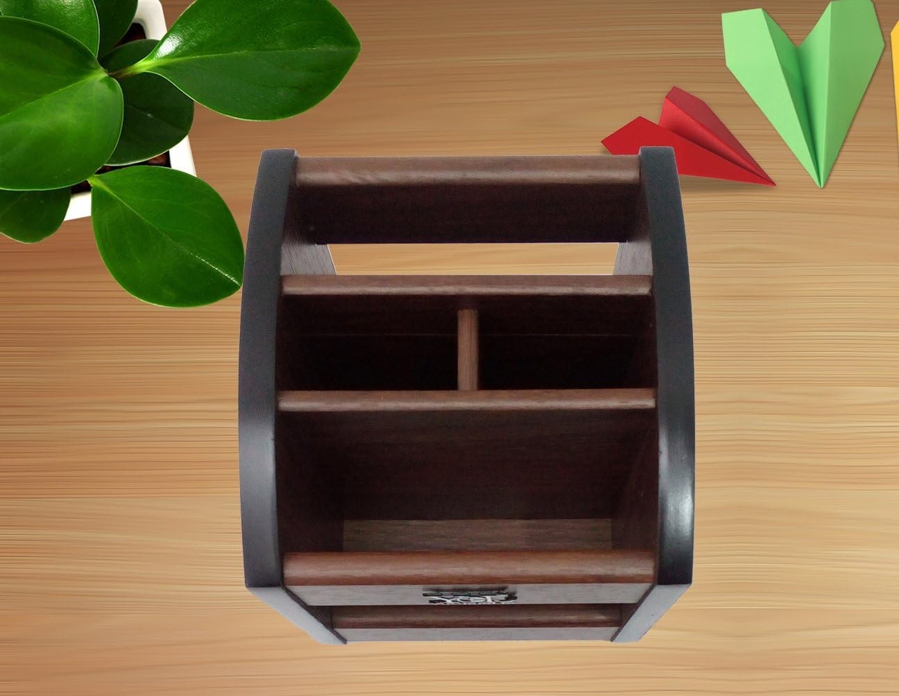 Stylish Brown Wooden Organizer – Rotating Desktop Pen Holder for Office & Home