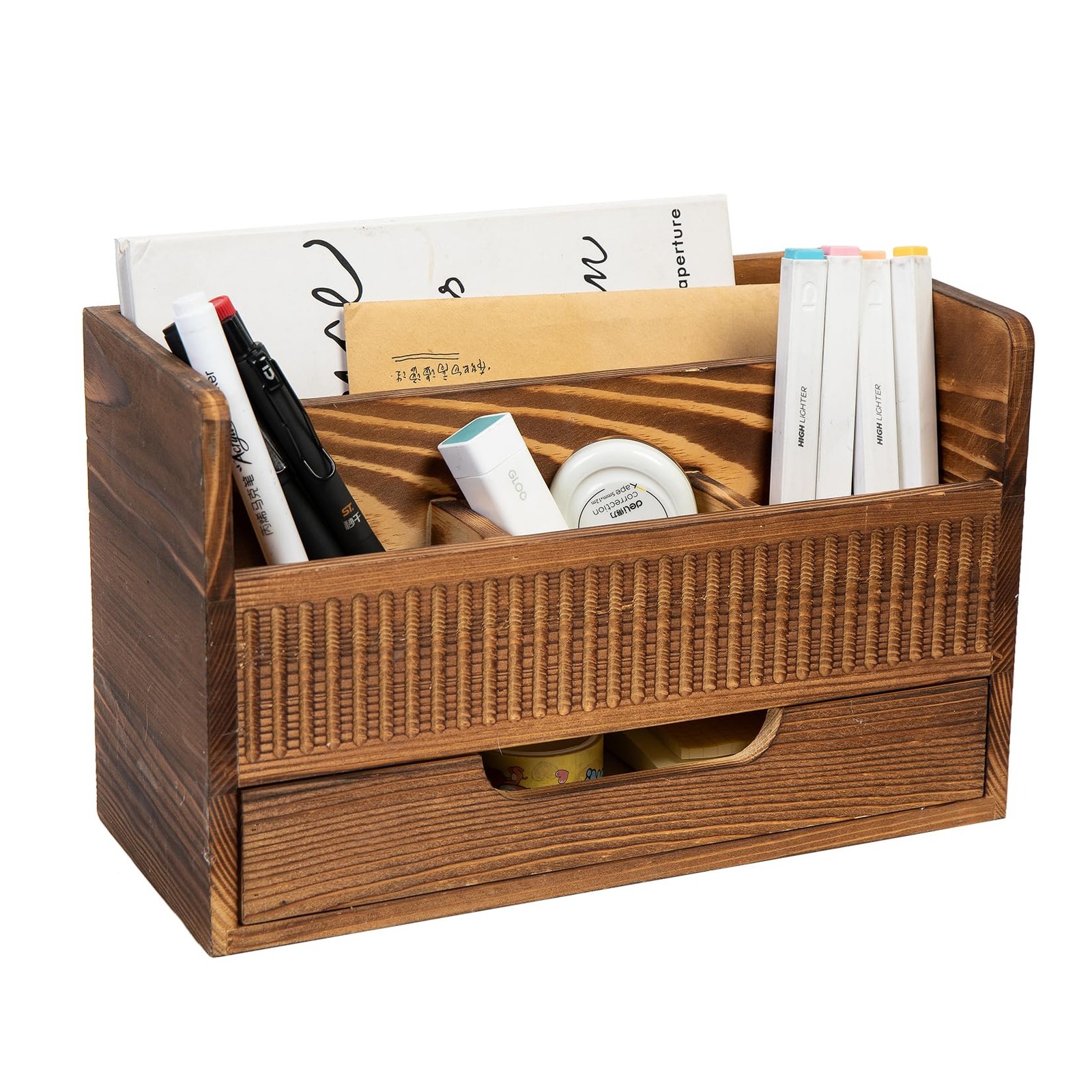 Rustic Brown Wood Desktop Stationery Organizer Mail Sorter Storage Drawer