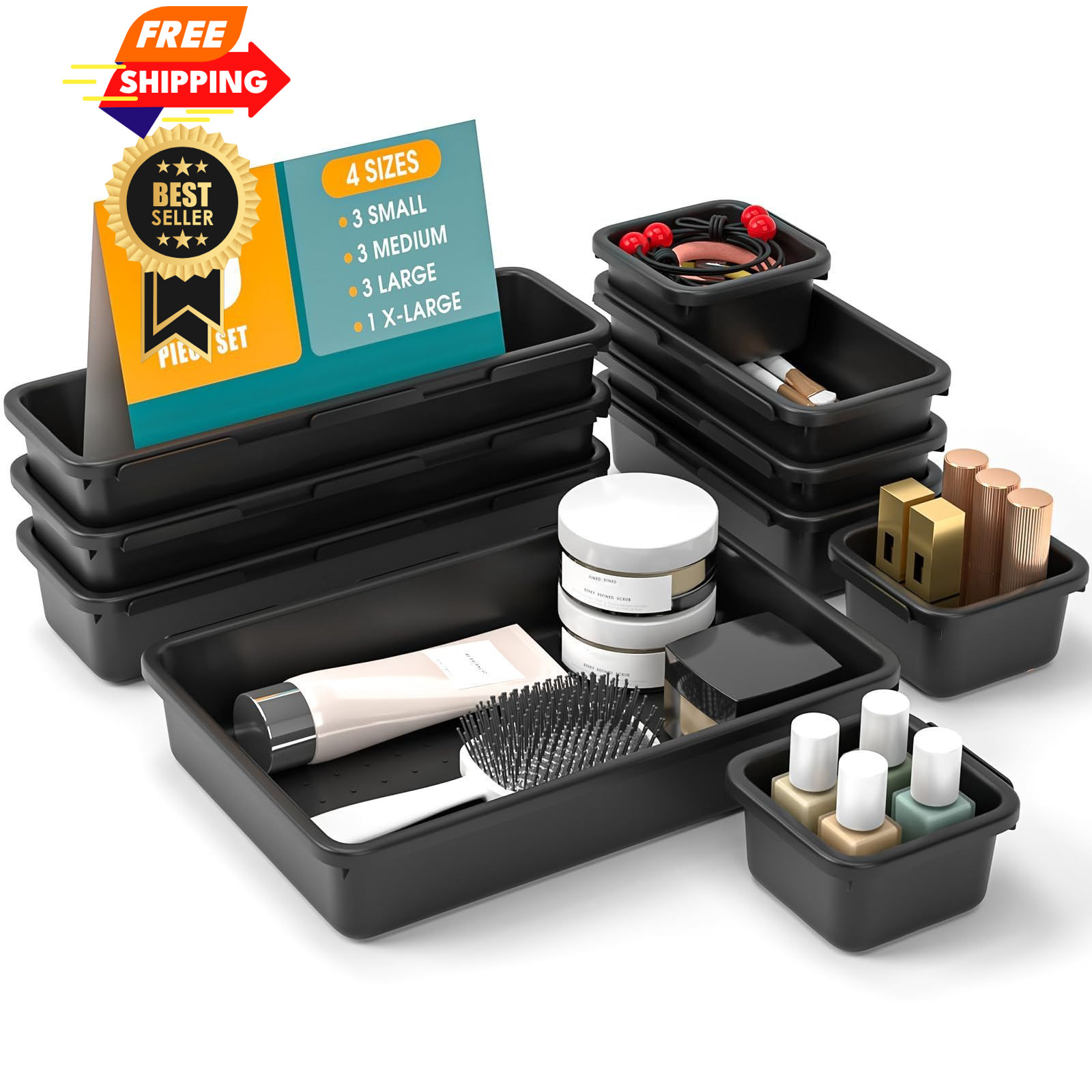 StoreHappily 10 PCS Drawer Organizer Set, 4 Size Makeup 10Pack, Black