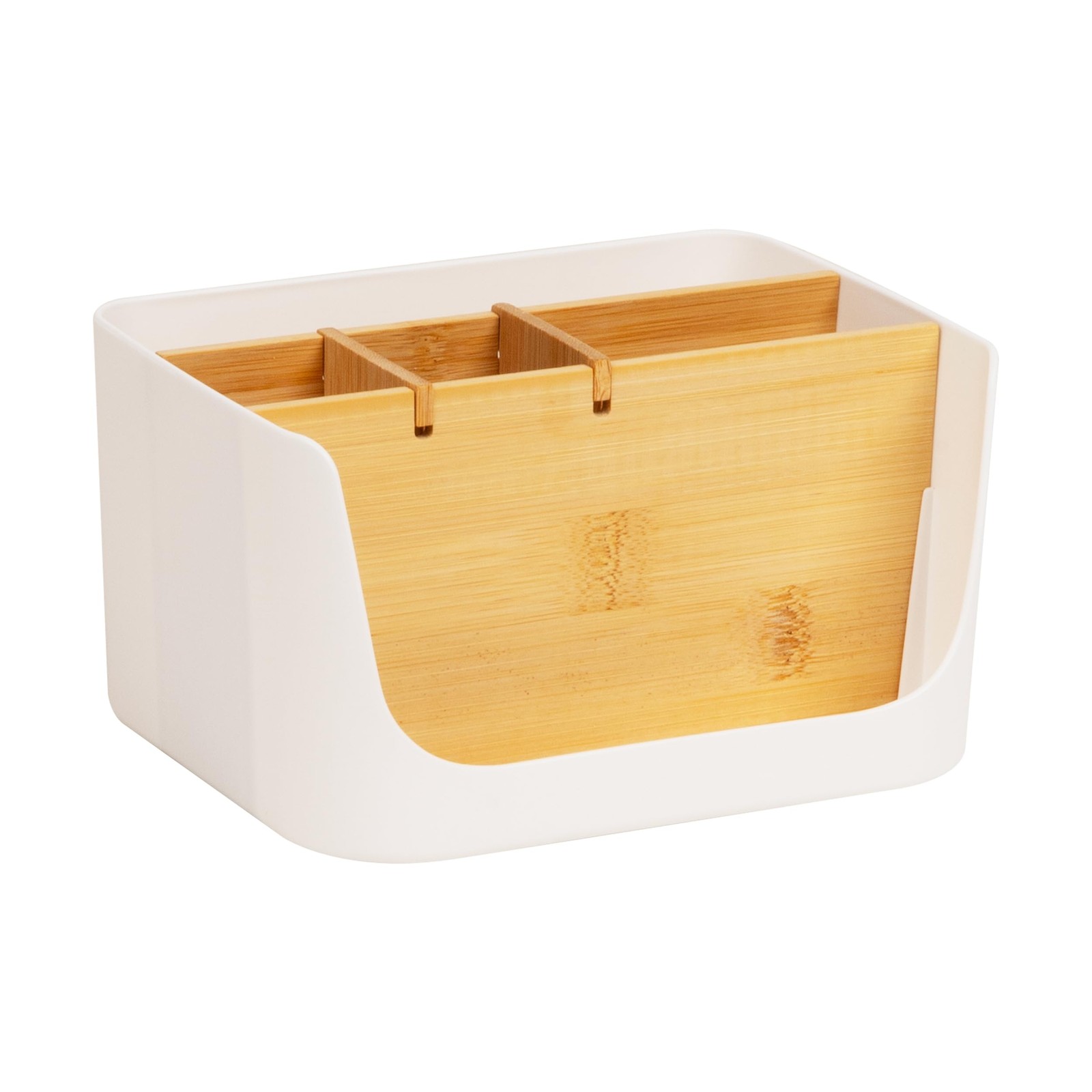 5-Compartment Desktop Organizer, Adjustable Caddy, Plastic and Wood, White