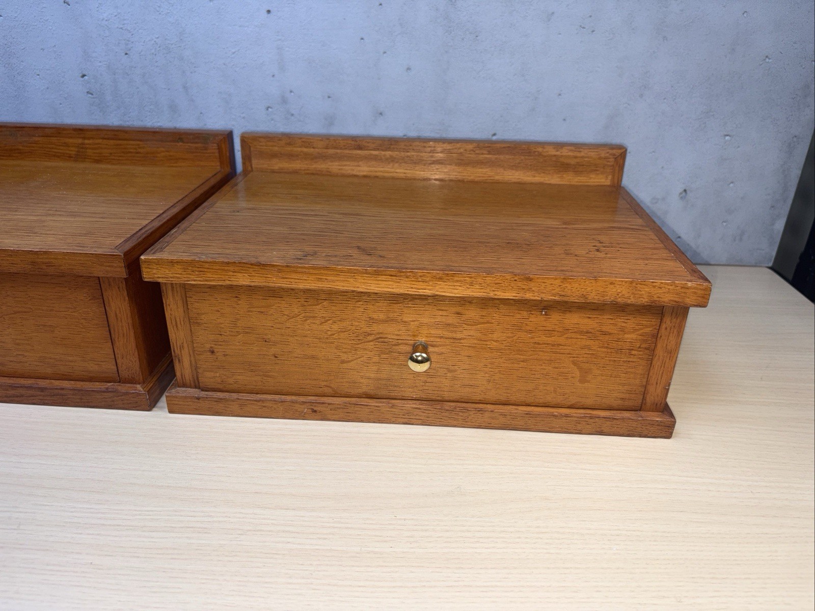2 Vintage Scandinavian-style wooden shelf small desk organizer Brass Knob Oak