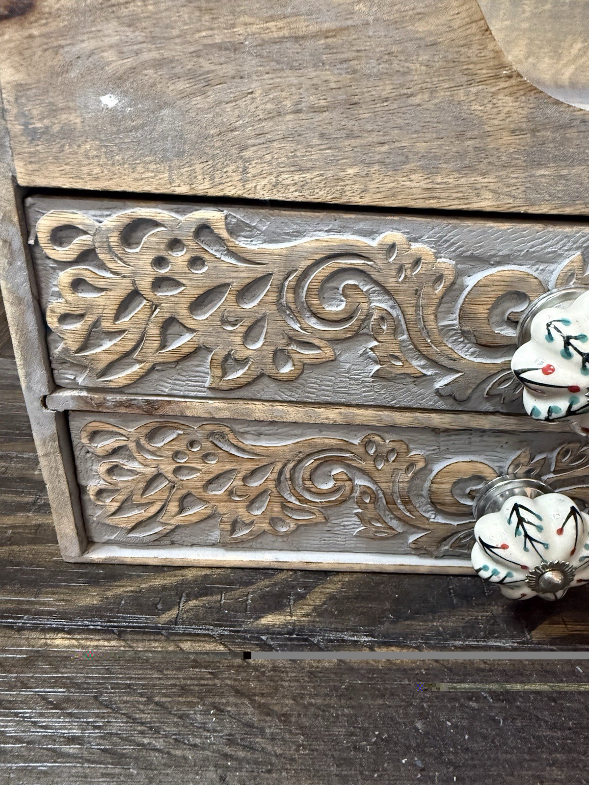 Rustic Wooden Desktop Or Vanity Organizer Scroll Inlay Wood Design 2 Drawer