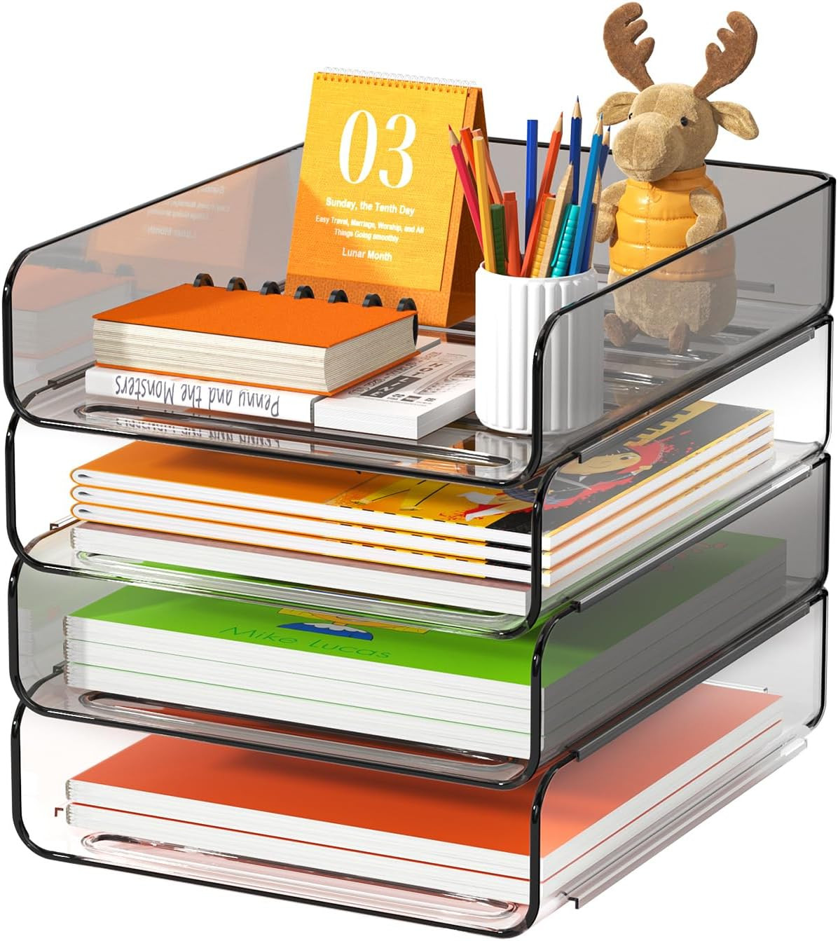 4-Tier Acrylic Paper Tray Organizer, Clear & Brown Stackable Desk Organizer for